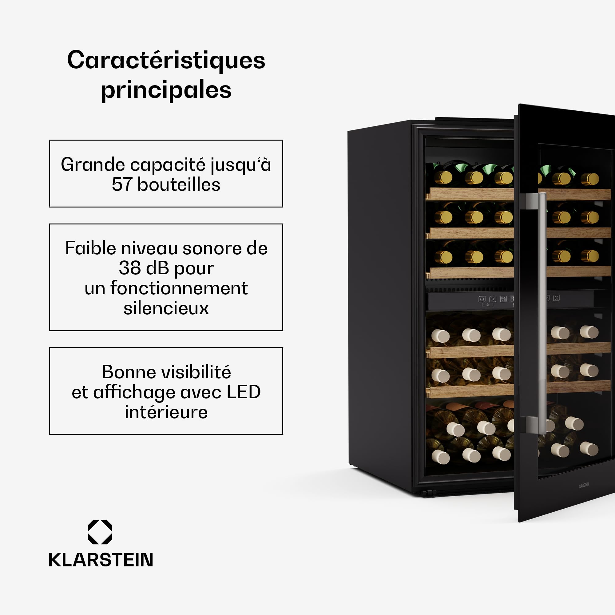 KLARSTEIN Vinsider 57 Duo Cave à vin 2 zones - 57 bouteilles, 5-22°C, encastrable, silencieuse 38 dB, étagères en bois, vitre anti-UV, 143 L