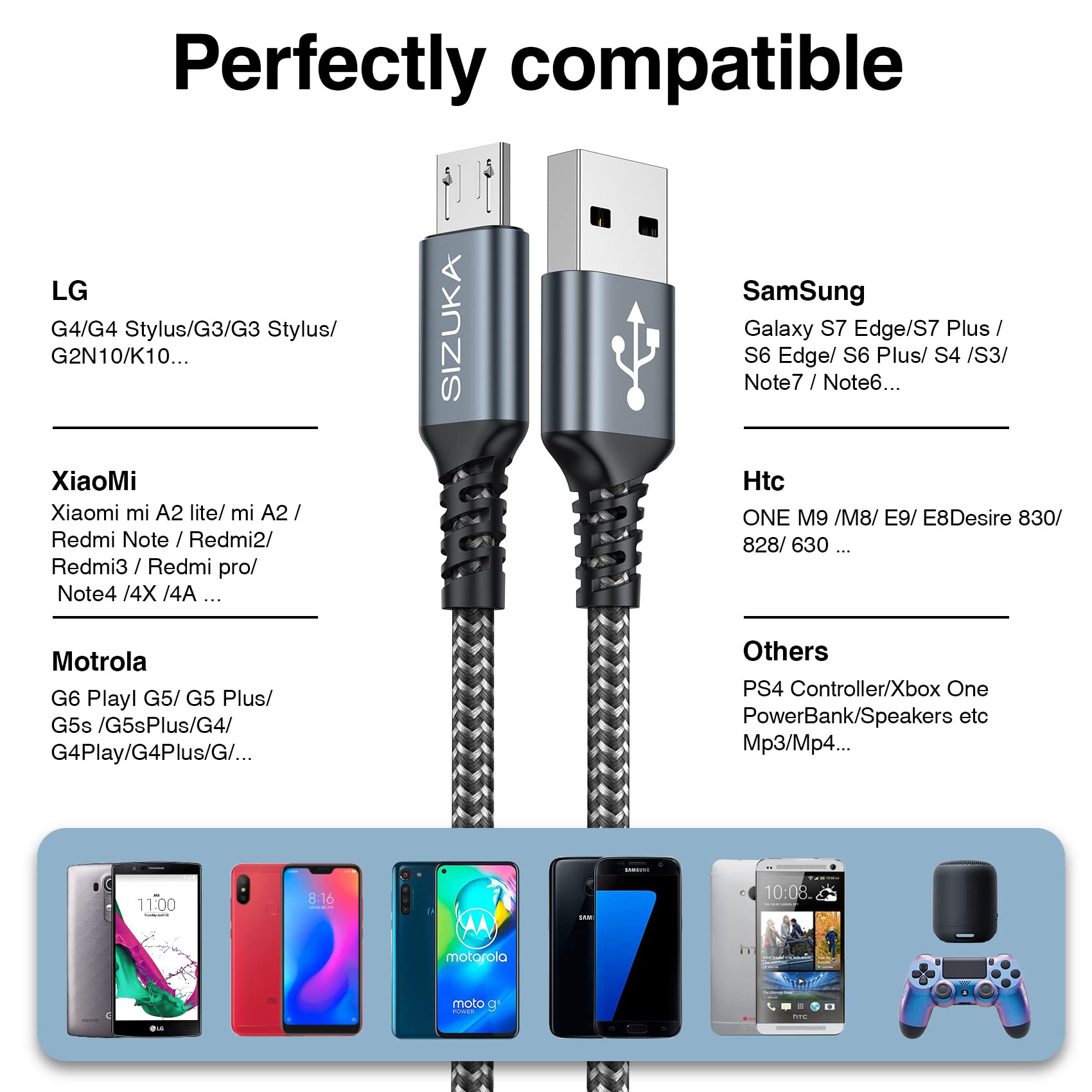 Câble Micro USB 1M Lot de 2 Chargeur 3A Charge Rapide Nylon Tressé pour Android Samsung Galaxy S7 S6 Edge