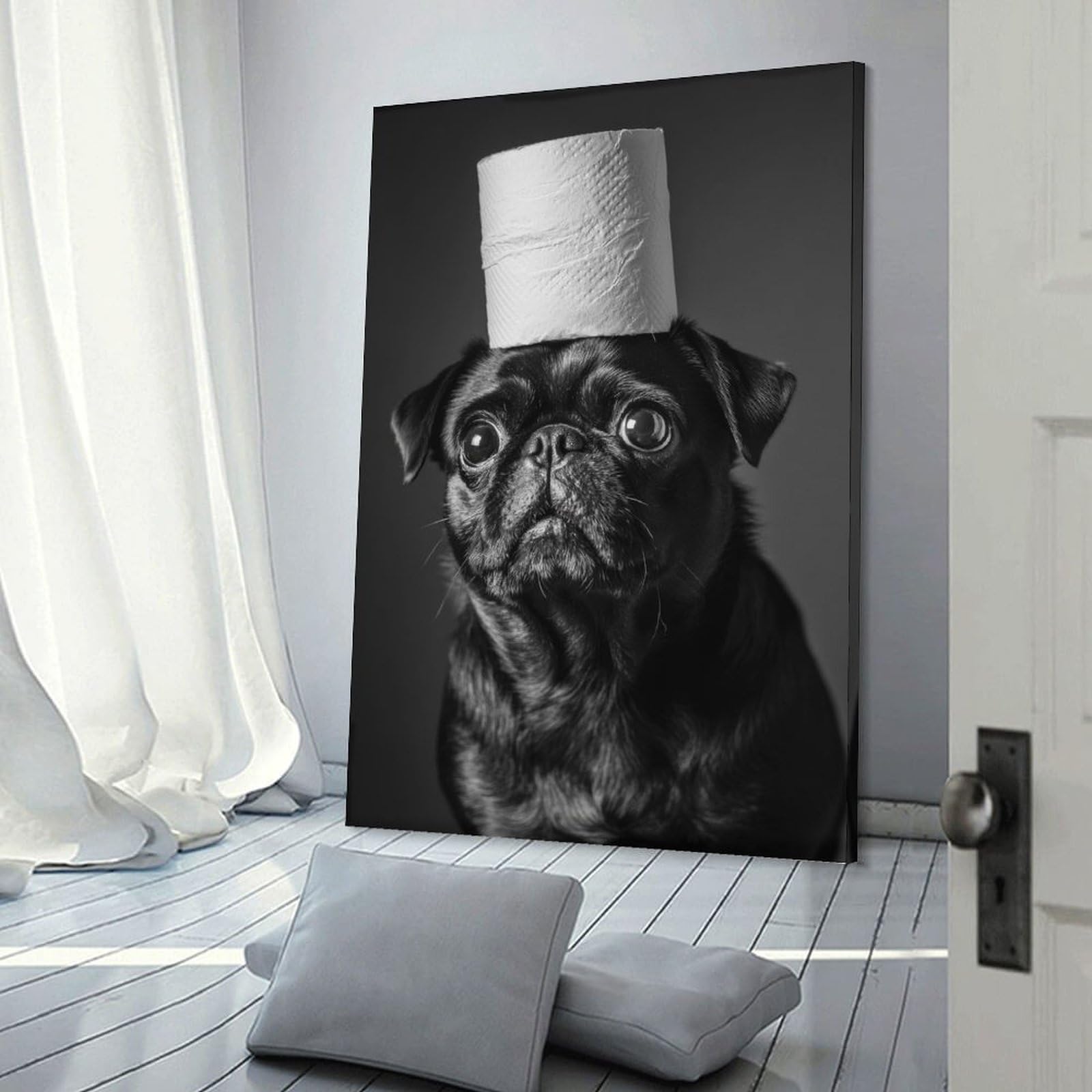 Junmoney Frame-Style-13 Decorative Wall Artwork Pug With Toilet Paper, 20X30inch(50X75cm), For Contemporary Homes, Apartments Or Offices, An Easy Choice For New Home Styling