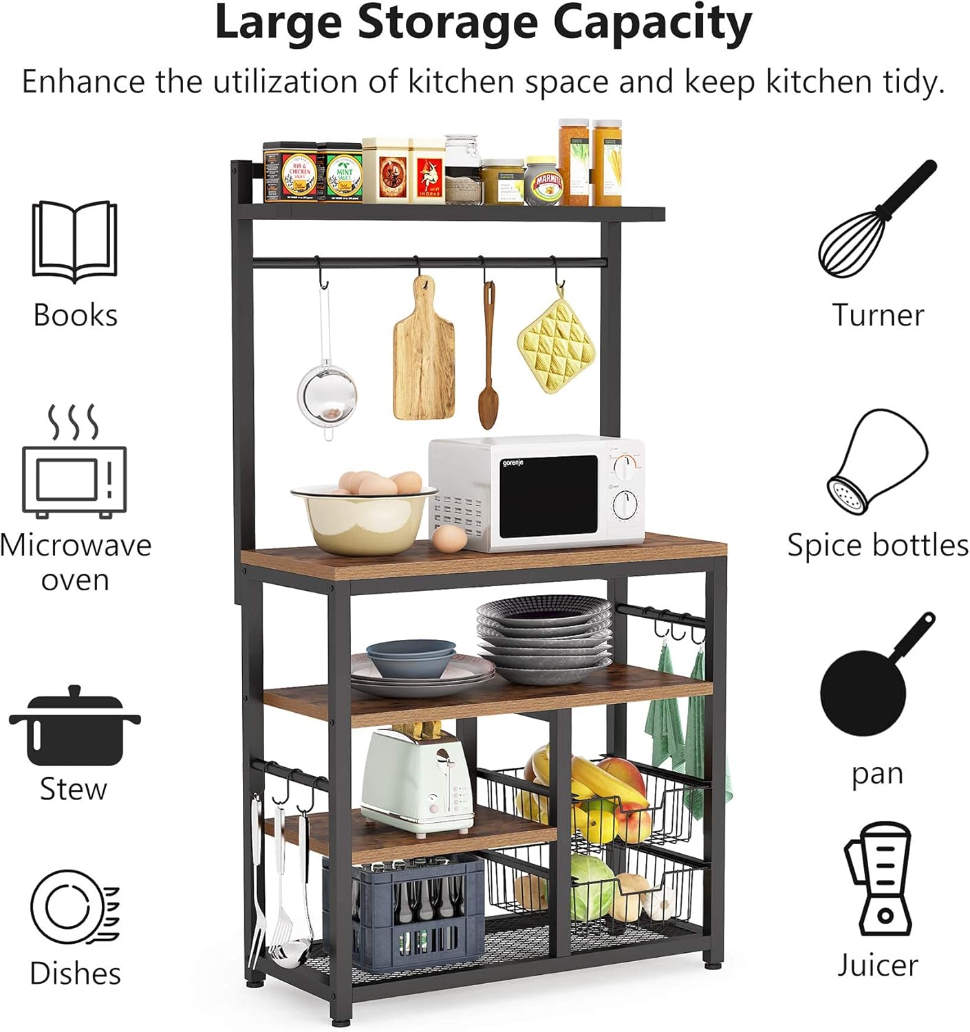 Tribesigns Kitchen Baker's Rack with 10 Hooks, 5-Tier Vintage Utility Storage Shelf, Microwave Oven Stand Rack with 2 Wire Baskets, Floor Standing Spice Rack Organizer Workstation, Vintage Brown - Standing Baker's Racks