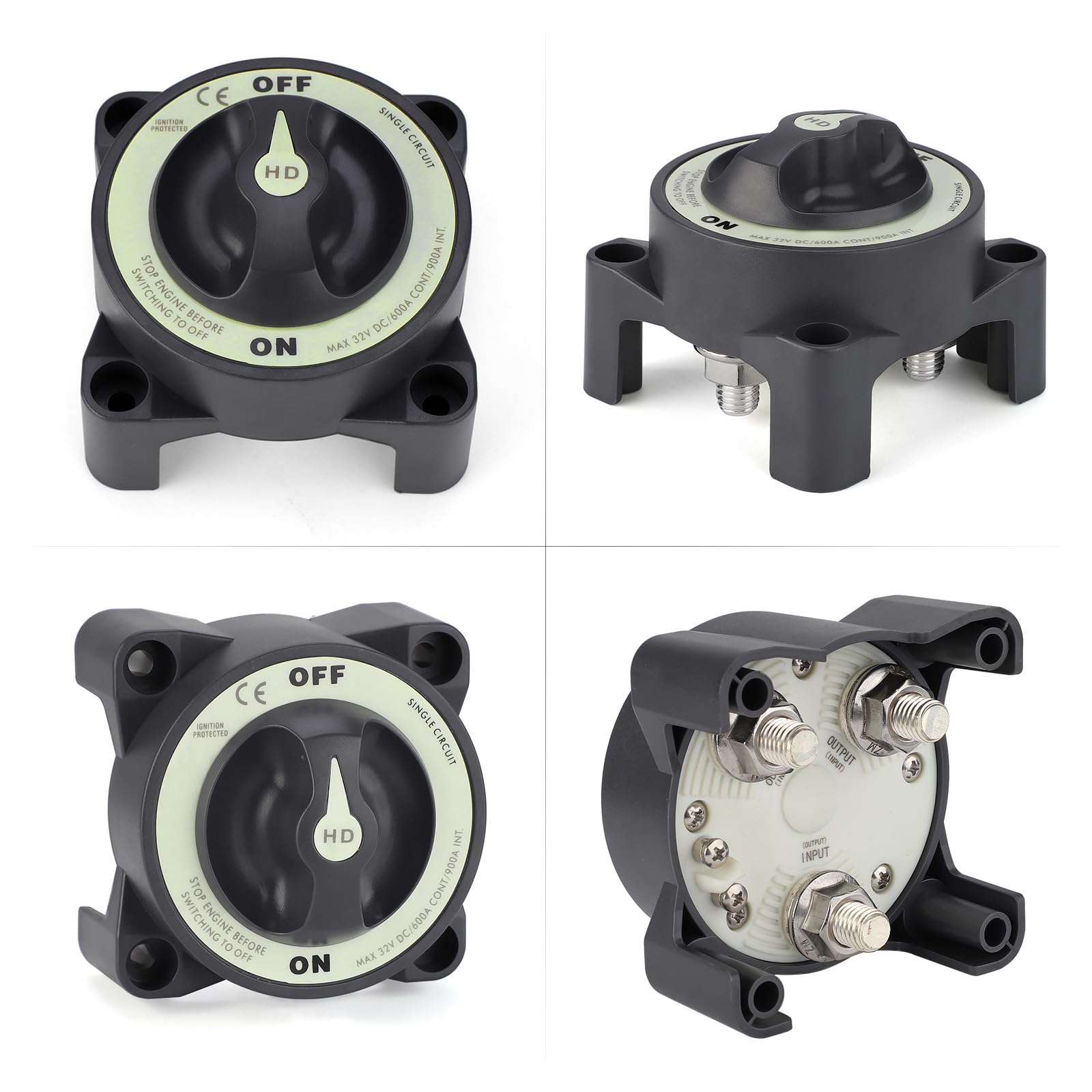 Interrupteur marche/arrêt de batterie 600 A - Isolateur de circuit unique - Étanche IP66 - 3 goujons pour camping-car, bateau