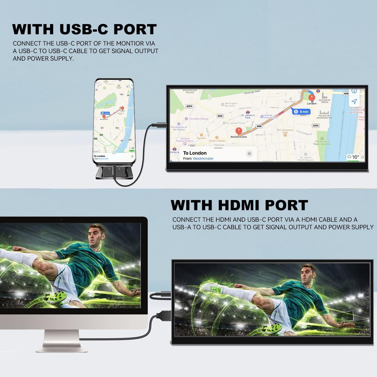 12.3 Inch Secondary Monitor, IPS Stretched Bar LCD Travel Display 1920 * 720 HDMI USBC, Mini Portable Monitor Metal Material for Laptop Computer Windows Aida64 GPU CPU RAM Monitoring,Built-in Speaker - Image 2