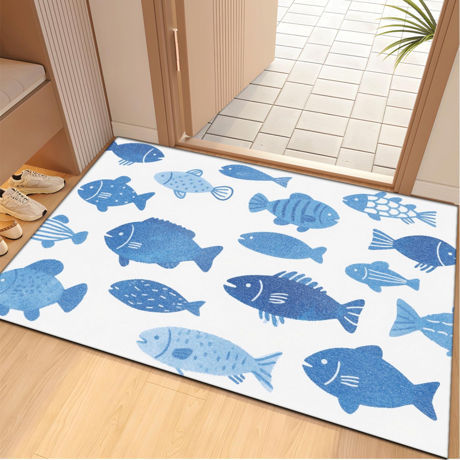 Fussmatte Innen 80x120 cm Retro Blauer Fisch Fussmatte Aussen rutschfeste für Hund Eingang Badematte Waschbar Schmutzfangmatte Strapazierfähige und Langlebige Fussmatten Haustür