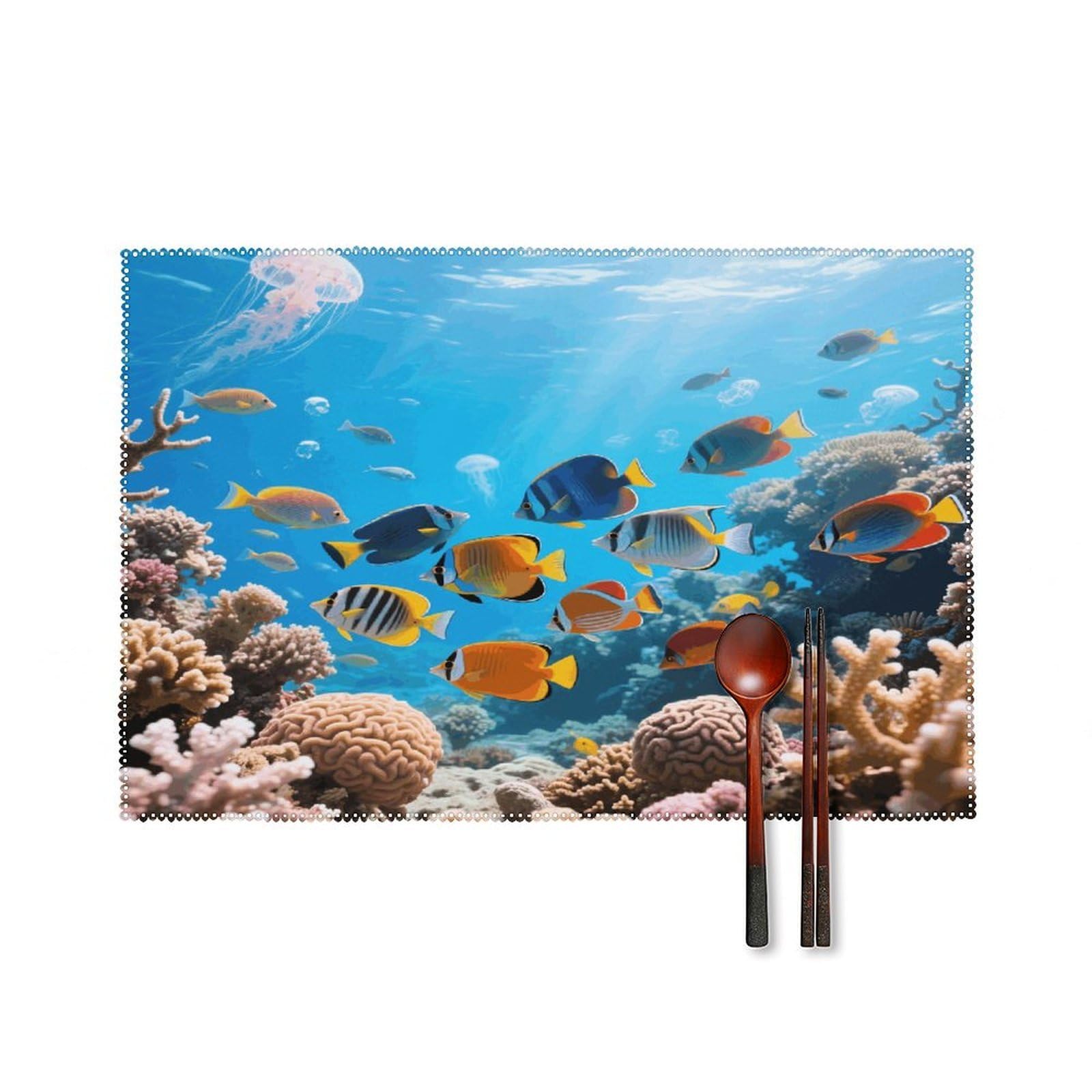 Reef Fishes Placemats Set of 4 Heat Resistant Non-Slip Place Mats for Dining Table Washable Placemat Wipeable Dining Table Mat Canvas Place Mats Dining Table Decor