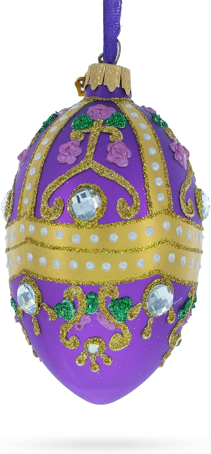 Jeweled Scrolls on Purple Glass Egg Christmas Ornament 4 Inches
