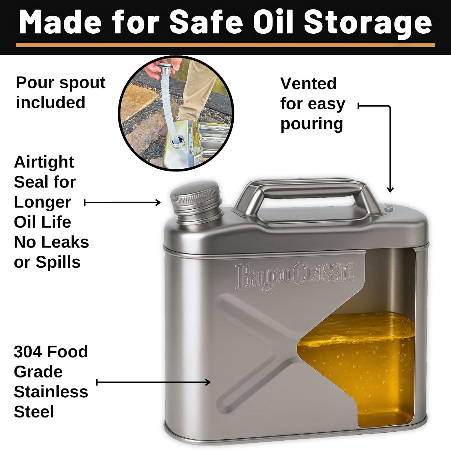 Bayou Classic Cooking Oil Storage Container - Seals, Vented Pour Spout - 20 Quart - Stainless Steel image 4