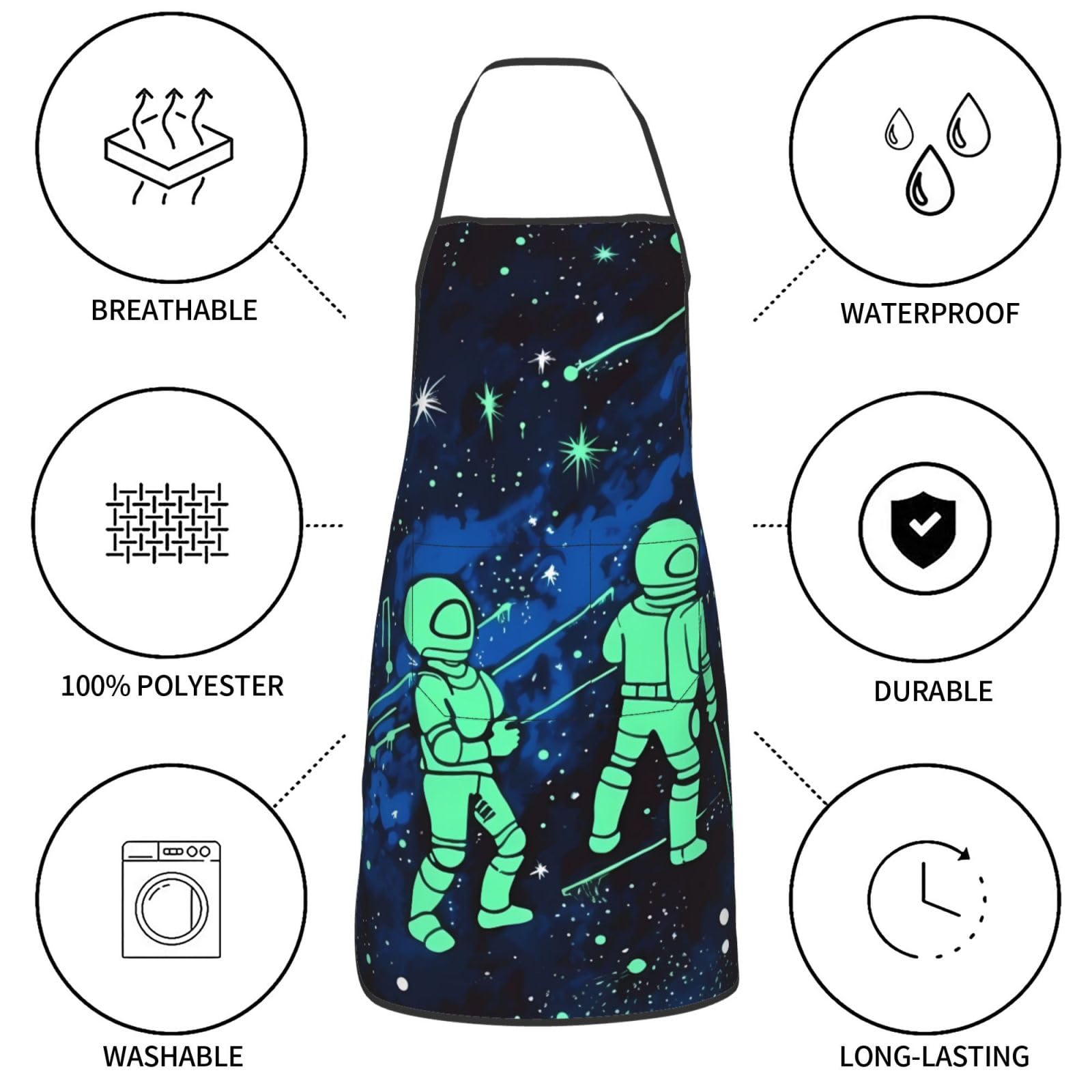 Tabliers phosphorescents pour femmes et hommes, imperméables, ajustables, avec 2 poches, doux et résistants, parfaits pour la cuisine, la pâtisserie, la peinture, le jardinage et le soin du corps.
