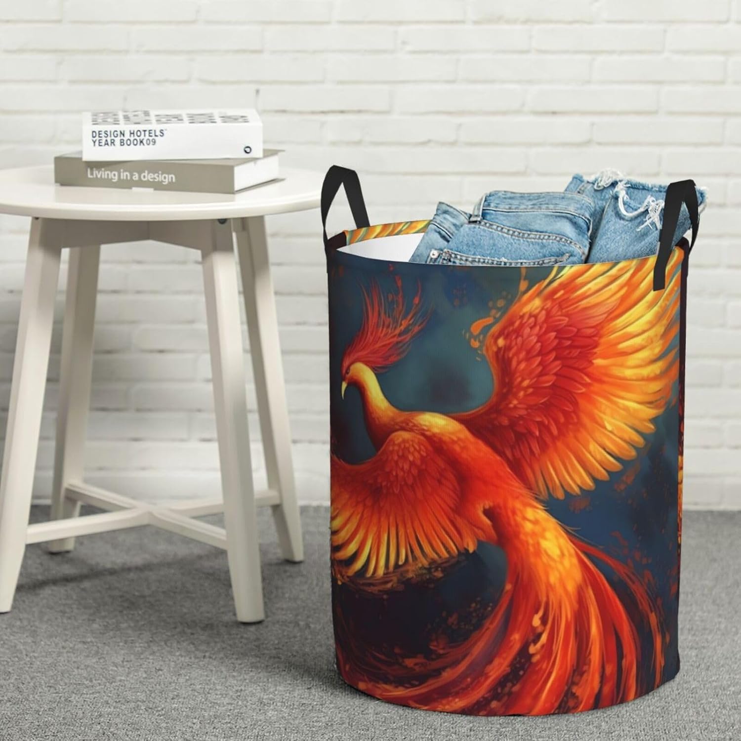 Orange Red Phoenix Laundry Basket With Handles, Foldable Laundry Hamper Oxford Cloth Dirty Clothes Basket Waterproof Clothes Toys Storage Bin Organizer for Bedroom Bathroom Dorm