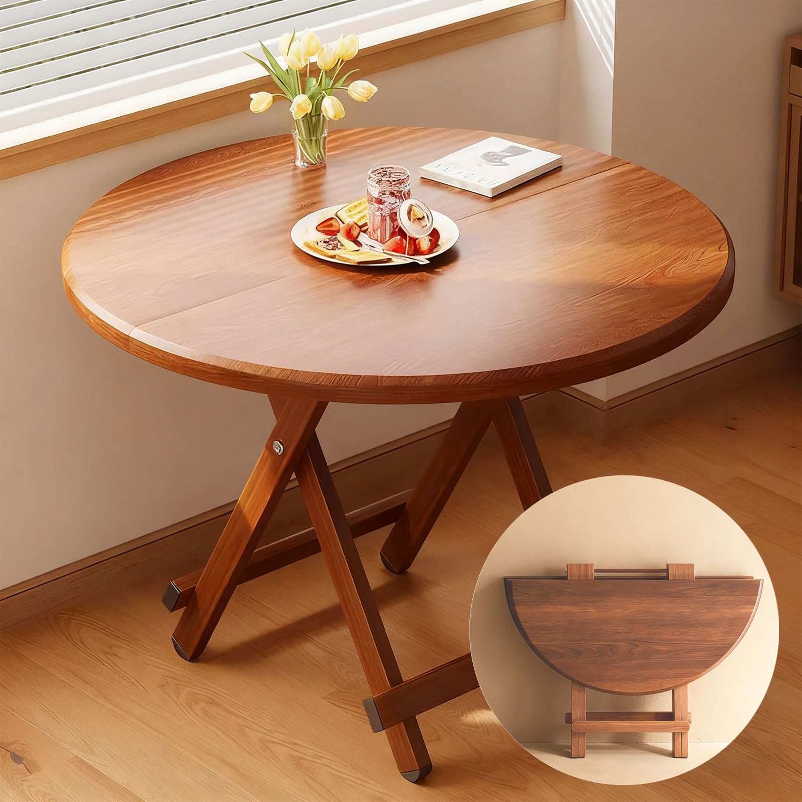 Table de salle à manger ronde pliante bois pour optimiser les petits appartements