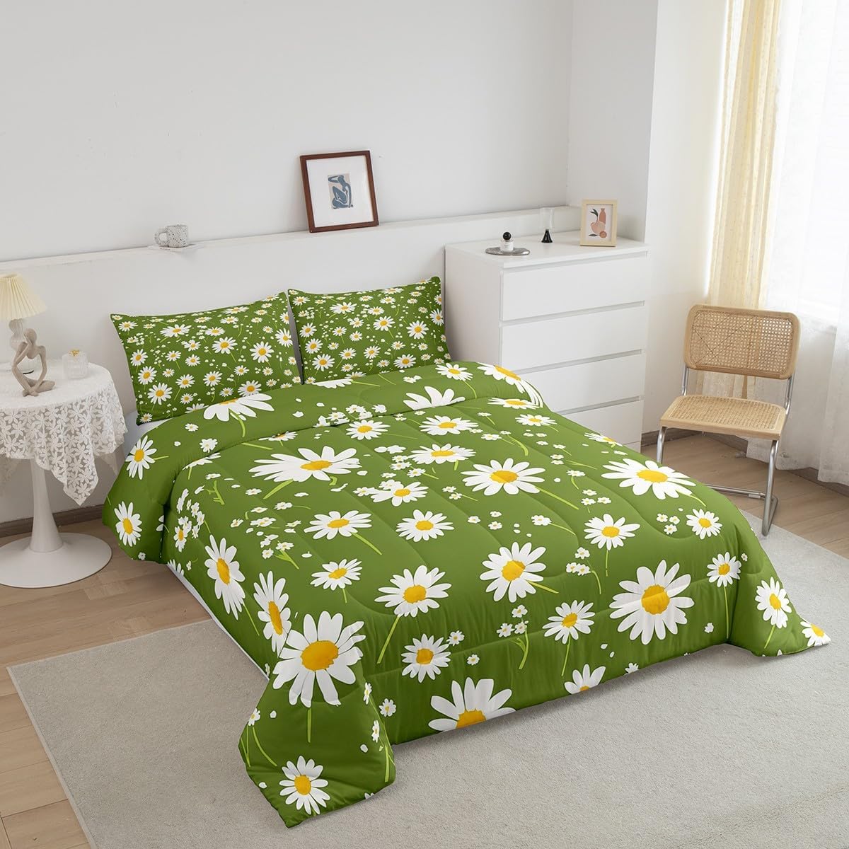 Feelyou Blossom Bedding Set Twin Size Daisy Comforter Set for Kids Boys Girls Decor Botanical Floral Comforter Microfiber Garden Theme Duvet Set Bedroom Natural Quilt Set
