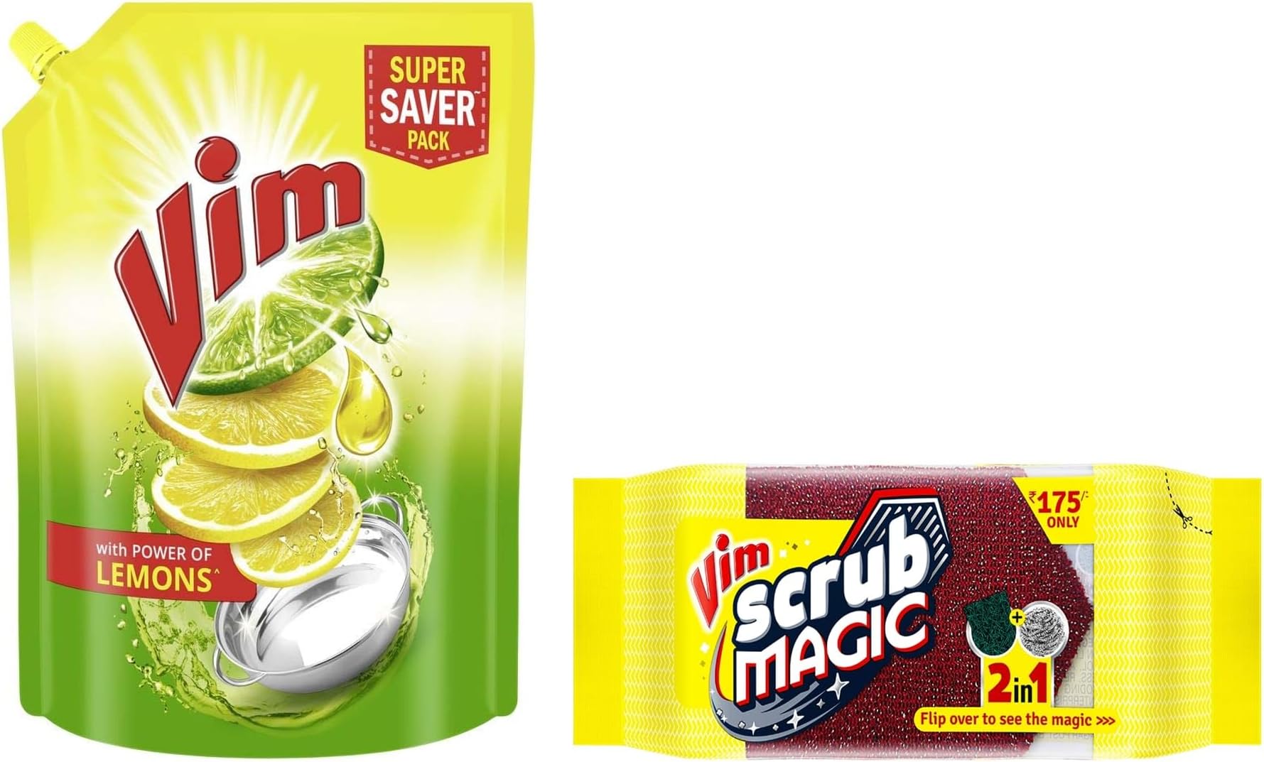 Vim Scrub Magic Pack of 5 & Vim Fresh Lemon Fragrance Dishwash Liquid Gel 2 L Refill Pack, Leaves No Residue, Grease Cleaner for Utensils - Liquid Kitchen Soap Super Saver Offer
