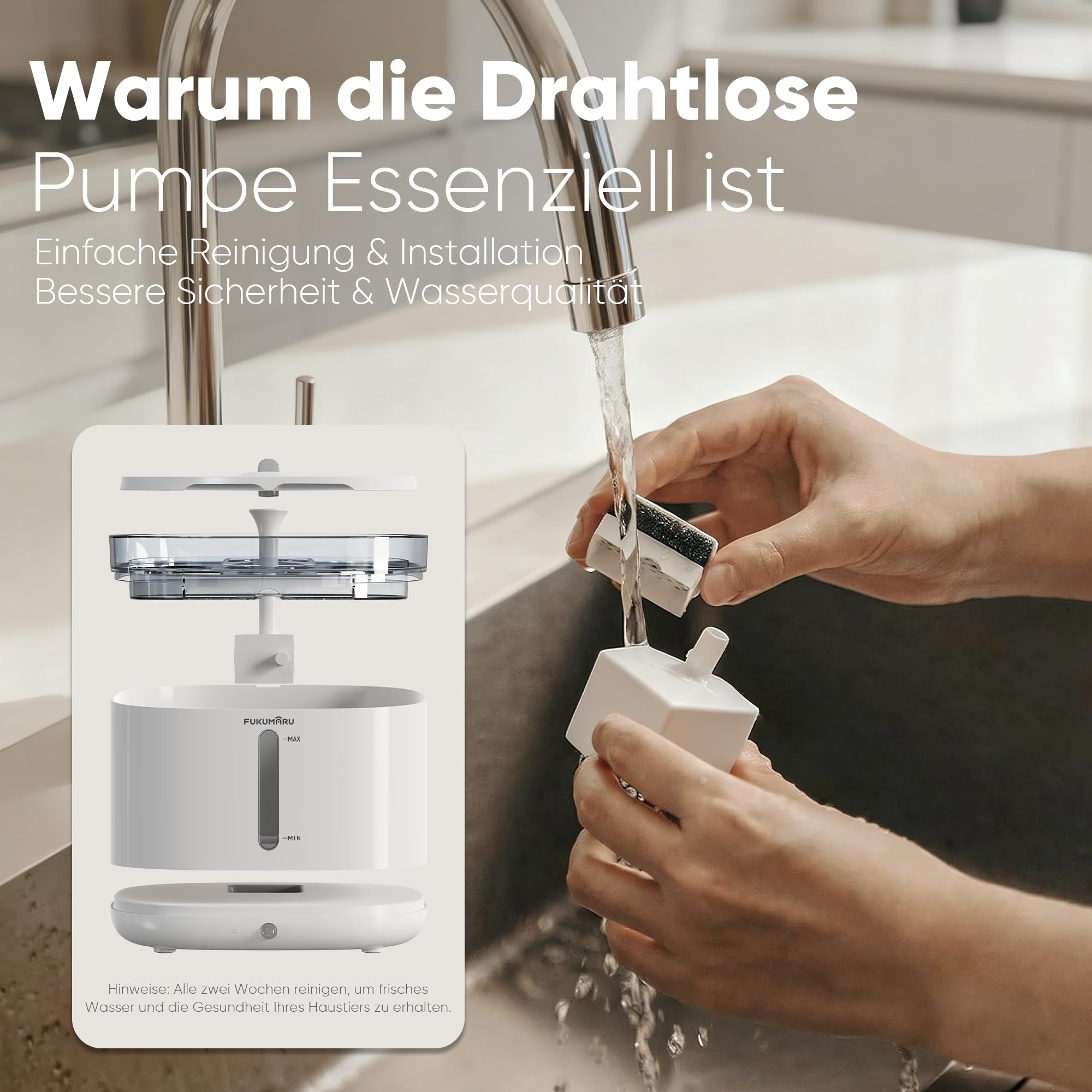 FUKUMARU 2L Trinkbrunnen für Katze Kabellos, Katzenbrunnen Kabellos mit Bewegungsmelder, Batteriebetrieben Katzentrinkbrunnen, 5000mAh, Leise Wasserpumpe, Wasser-Energie-Trennung, weiß