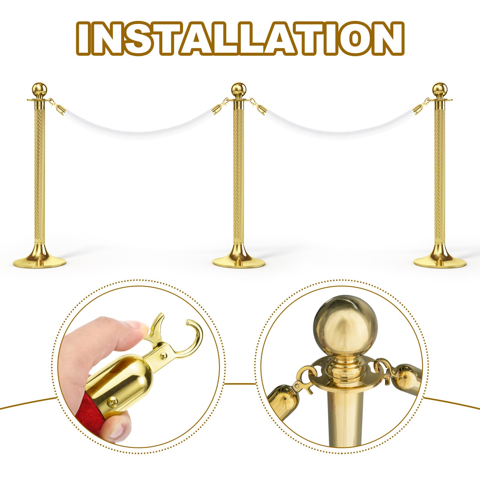 QUARKZMAN Velvet Stanchion Rope 3.28 Ft/1 M, Barrière Corde Velours Avec Mousquetons Pour Posts Supports Séparateur File Contrôle Foule, Blanc Doré Pack 2