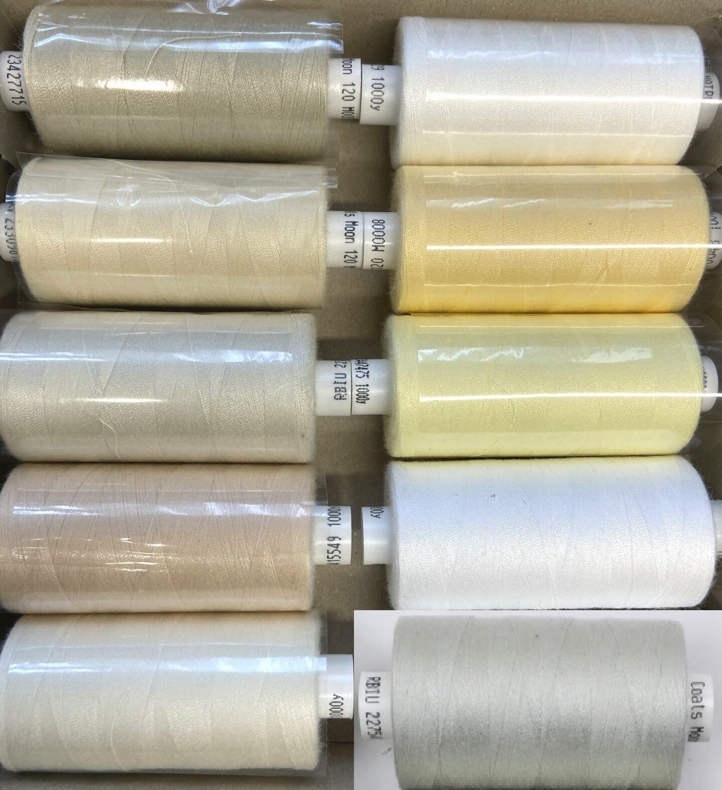 Coats Moon Assorted Sewing Thread Box of 10 reels -Moon Polyester All Purpose Threads for Sewing OverLocking Quiliting 1000 Yards Each 120’s (Neutral Mix Sewing) + 2 (1 White + 1 Black) Spools Free