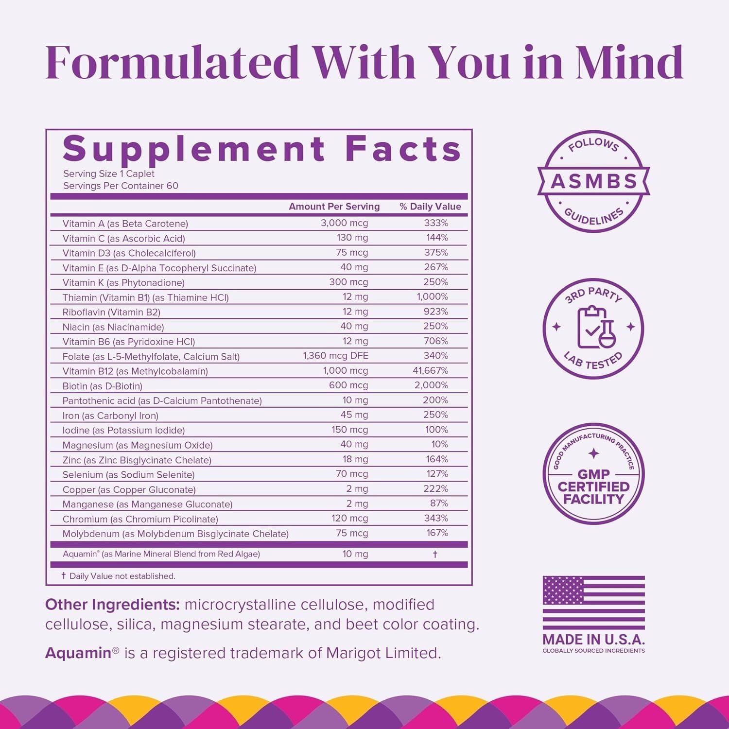 BariMelts Once Daily Bariatric Multivitamin with Iron, 60 Easy-Swallow Caplets (2-Month Supply), Multivitamin for Women, Multimineral Complex, Supports Nutrition After Bariatric Surgery​