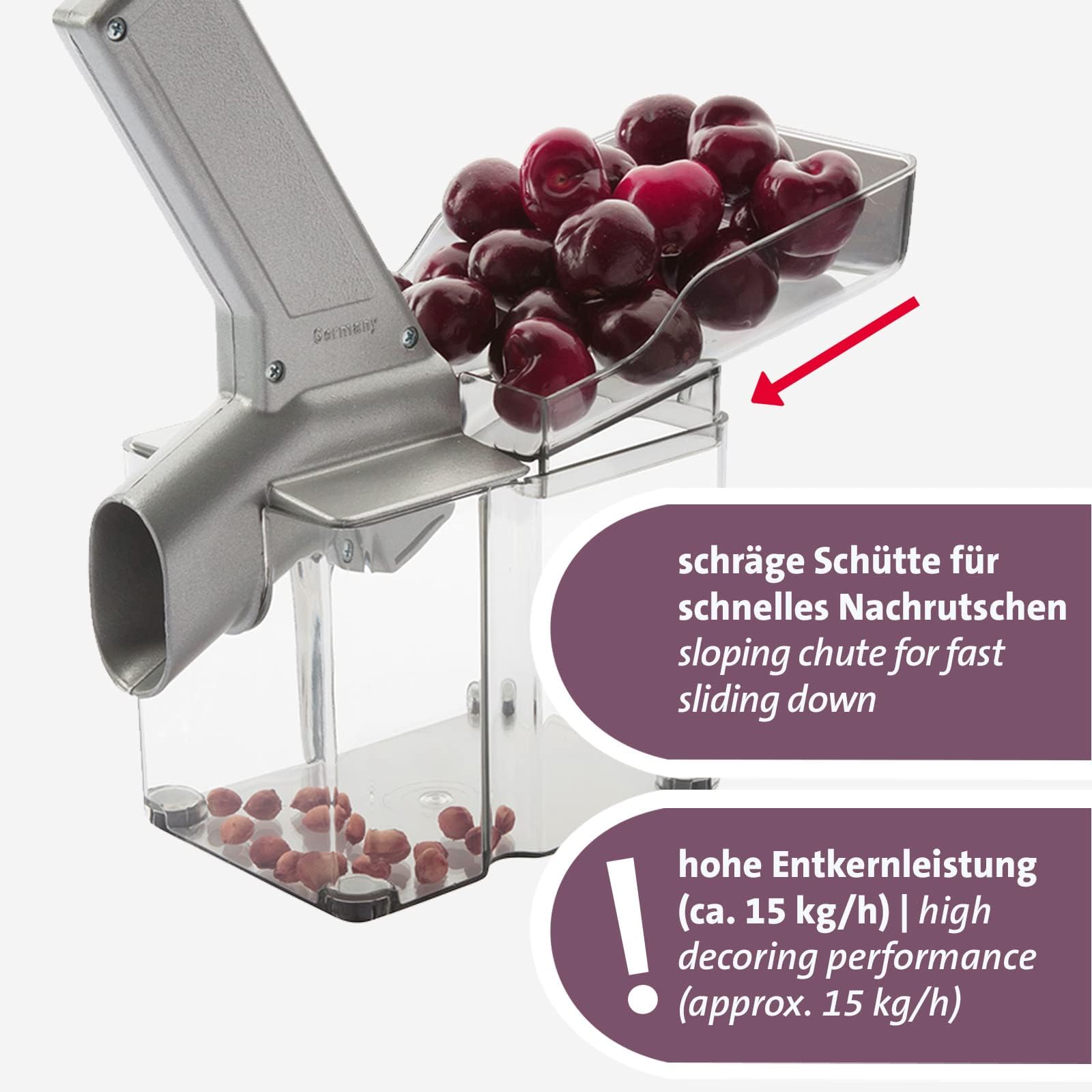 Westmark Kirschenentkerner/-entsteiner mit schräggestellter Schütte und großer Kernkassette, Kunststoff/Edelstahl/Aluminium, Kirschomat, Silber/Schwarz/Transparent, 40702260
