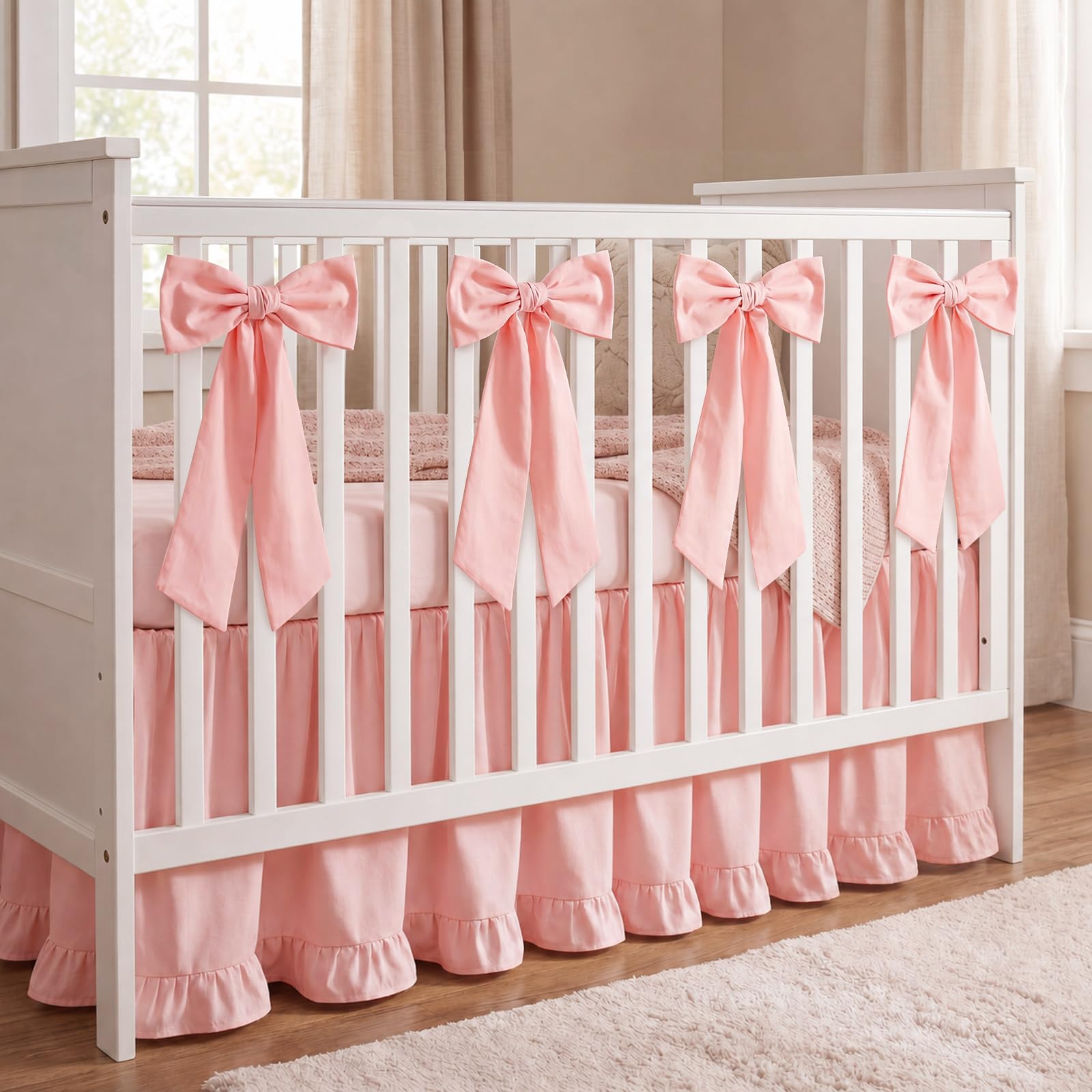 Smoothnovelty Pink Crib Bed Skirts with 4 Large Cot Bow 28" x 52", 14" Drop