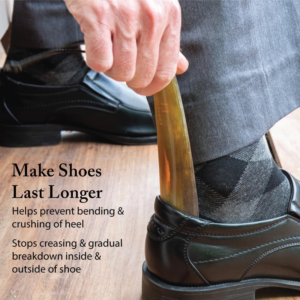 FootFitter Natural Bull Horn Shoe Horn with Leather Loop, Smooth Polished Shoe Assist Tool for Easy Slip-On Low Collar Shoes