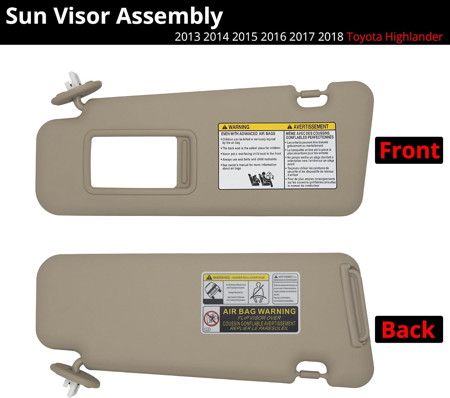 Sun Visor Fits for 2008-2013 Toyota Highlander Left Driver Side with Light Replace# 74320-48180-E1 Beige