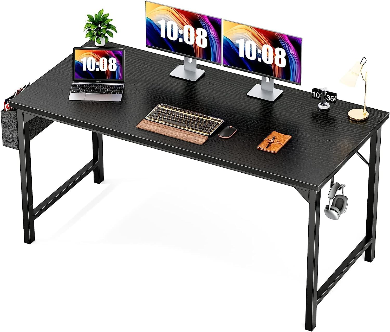 Sweetcrispy Computer Desk Home Office Desks 55 Inch Storage Bag & Hook no Wheels Large Bedroom Wooden Modern Simple Gaming Study Writing Table - Black