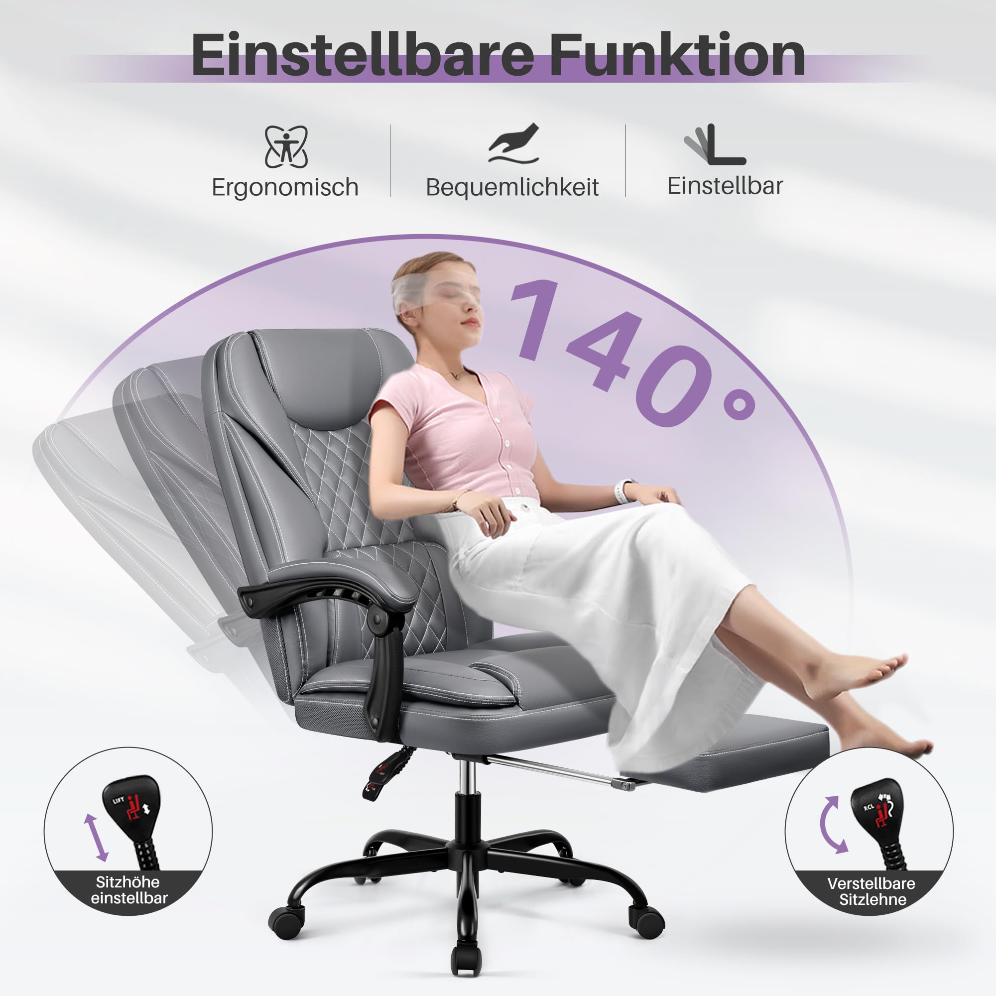 DoChair Sedia Ufficio ergonomica Fino a 140°Sedia Scrivania con Poggiapiedi Poggiatesta Funzione Dondolo in Pelle Artificiale, Grigio