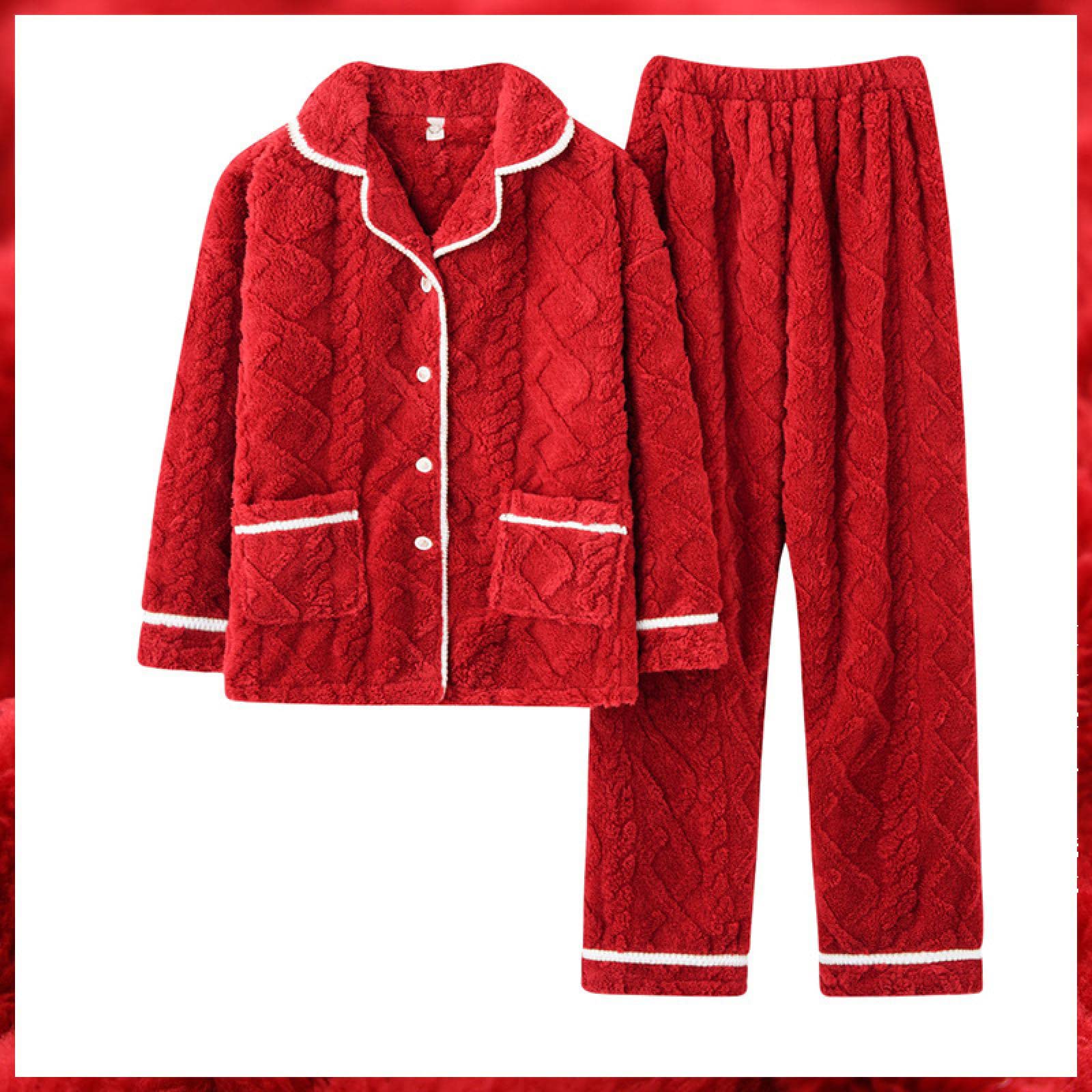 EIN Bequemer Pyjama Schlafanzug Damen Winter Damen Pyjama Warm Langarm Plus Size XXL Crimson