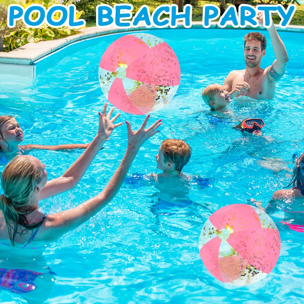 najdeiuyt Inflatable Glitter Beach Ball 16 Inch Pink Beach Balls for Pool with Confetti, Sparkling Balls for Summer Pool Adults Birthday Party Favors Decorations (2 Pcs)
