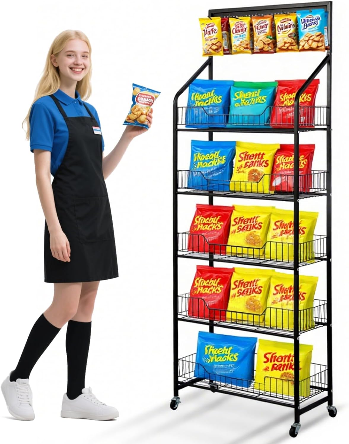 FAHKNS 5 Tier Snack Rack Display Stand，Large Capacity Chip Display Rack with 360° Swivel Wheel & 15 Hooks，Metal Candy Display Rack， Suitable for Supermarkets/Convenience Stores/Fruit Stores/Home