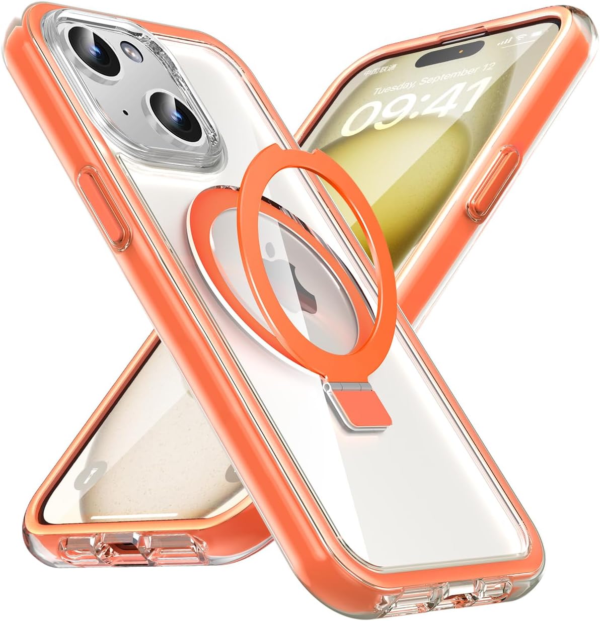 Magnetic Shockproof for iPhone 15 Case with Built-in Stand, [Compatible with Mag-Safe] Phone Case with Air Bumpers and Raised Edges [Super Protection] Durable Phone Cover for iPhone 15,Orange