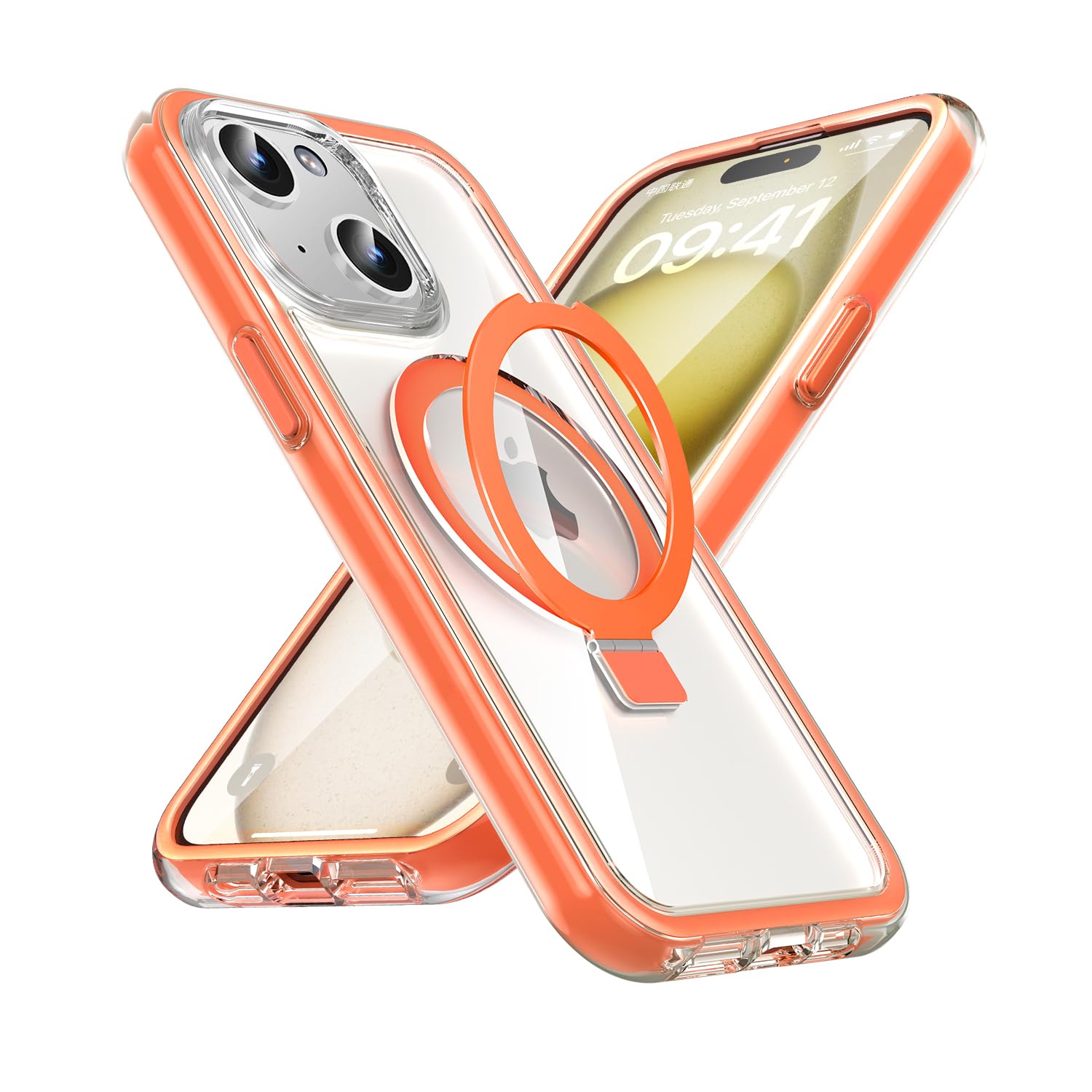Magnetic Shockproof for iPhone 15 Case with Built-in Stand, [Compatible with Mag-Safe] Phone Case with Air Bumpers and Raised Edges [Super Protection] Durable Phone Cover for iPhone 15,Orange