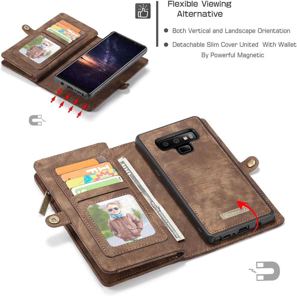 Note 9 Wallet Case,AKHVRS Handmade Premium Cowhide Leather Wallet Case,Zipper Wallet Case [Magnetic Closure]Detachable Magnetic Case & Card Slots for Samsung Galaxy Note 9 - Brown