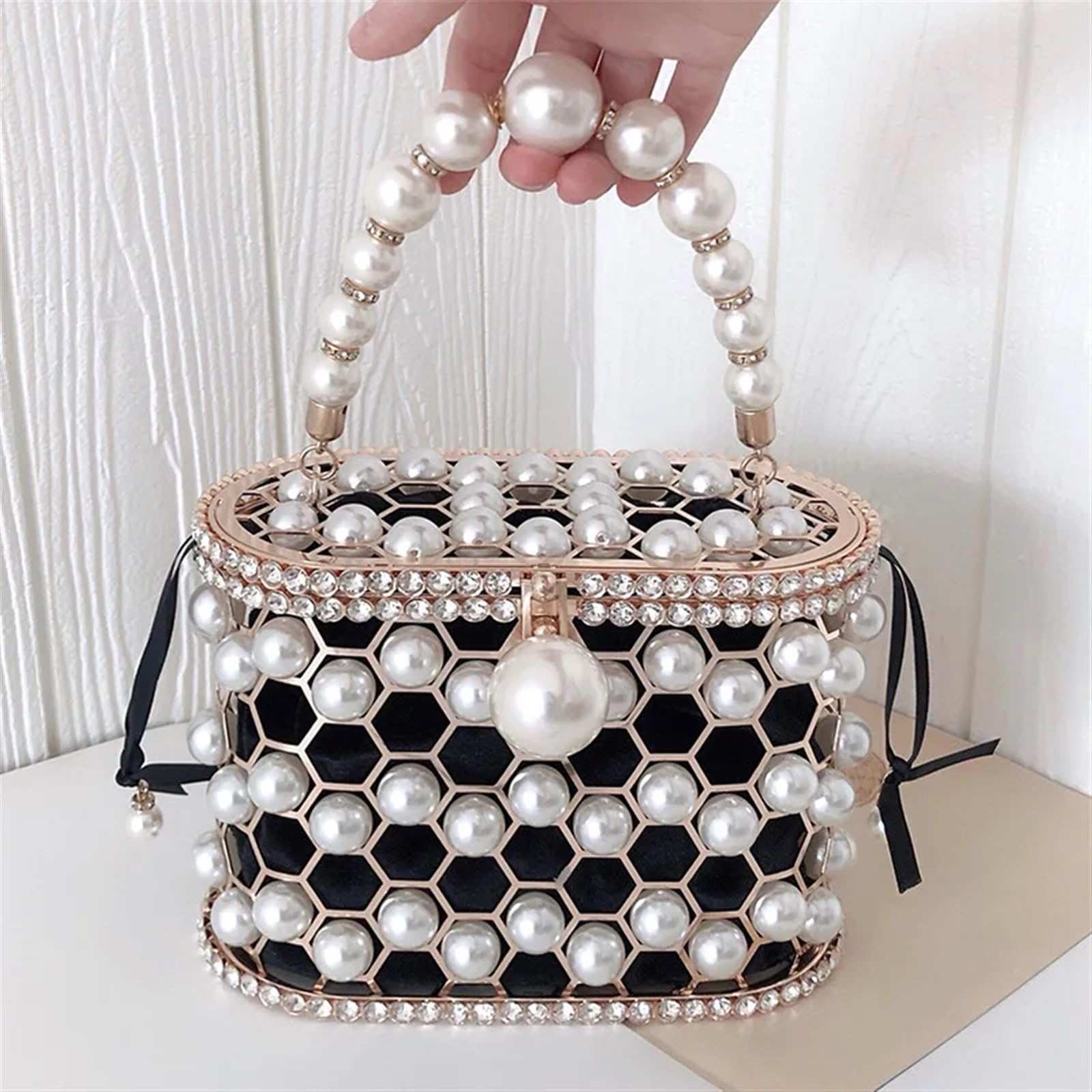 Borse Serali per Donna Borsa a Mano e Portamonete di Perle for Donna Borsa a Mano for Festa di Nozze Traforata Borsa da Sera con Manico in Metallo e Strass(Black)