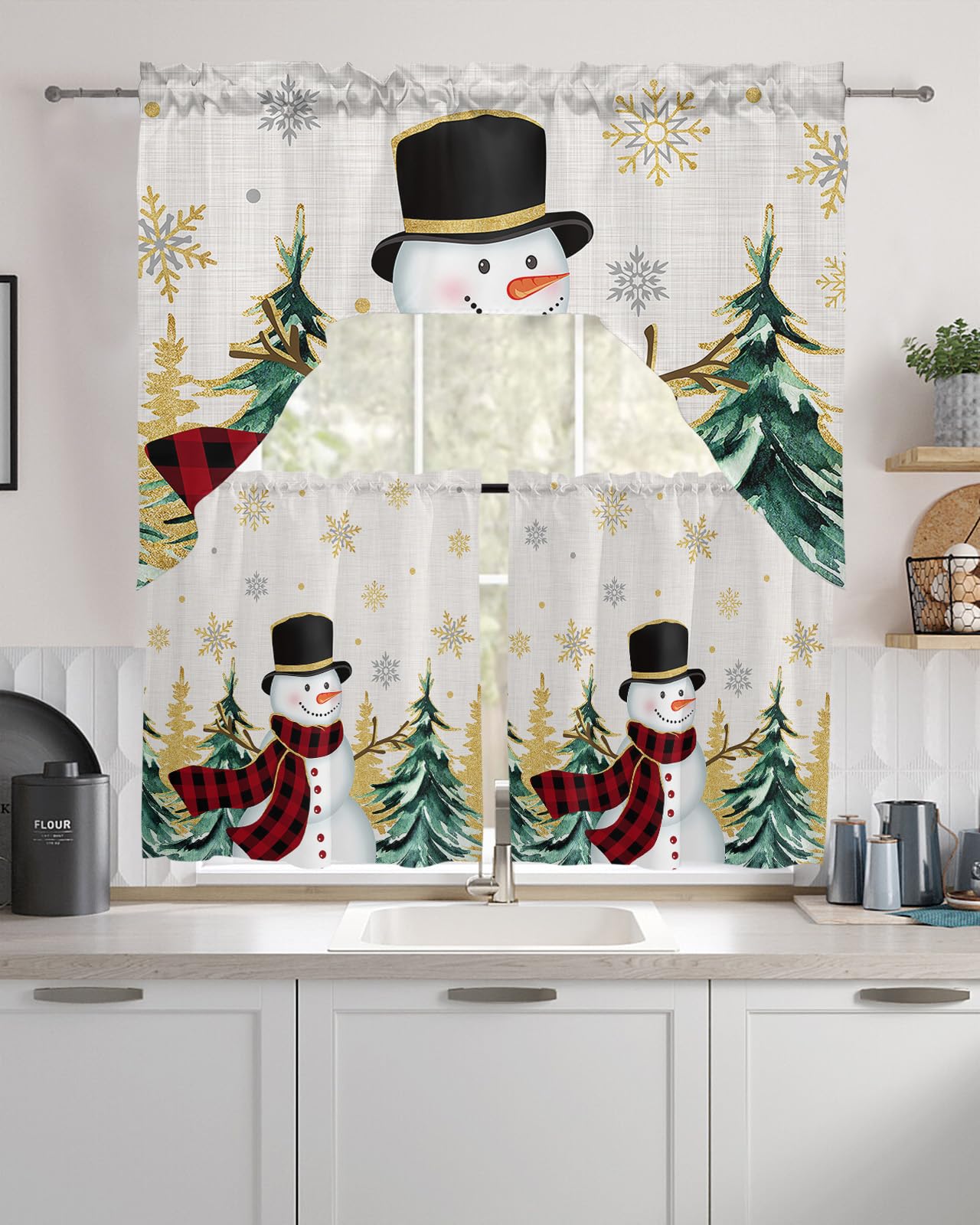 Snowman Swag Kitchen Curtain Sets with Valance, 3 Pieces Rod Pocket Curtain Drapes for Bedroom Living Room Bathroom Cafe Windows, Christmas Tree Gold Snowflake Green 56''x36'' & 24''x27.5''x2Panels