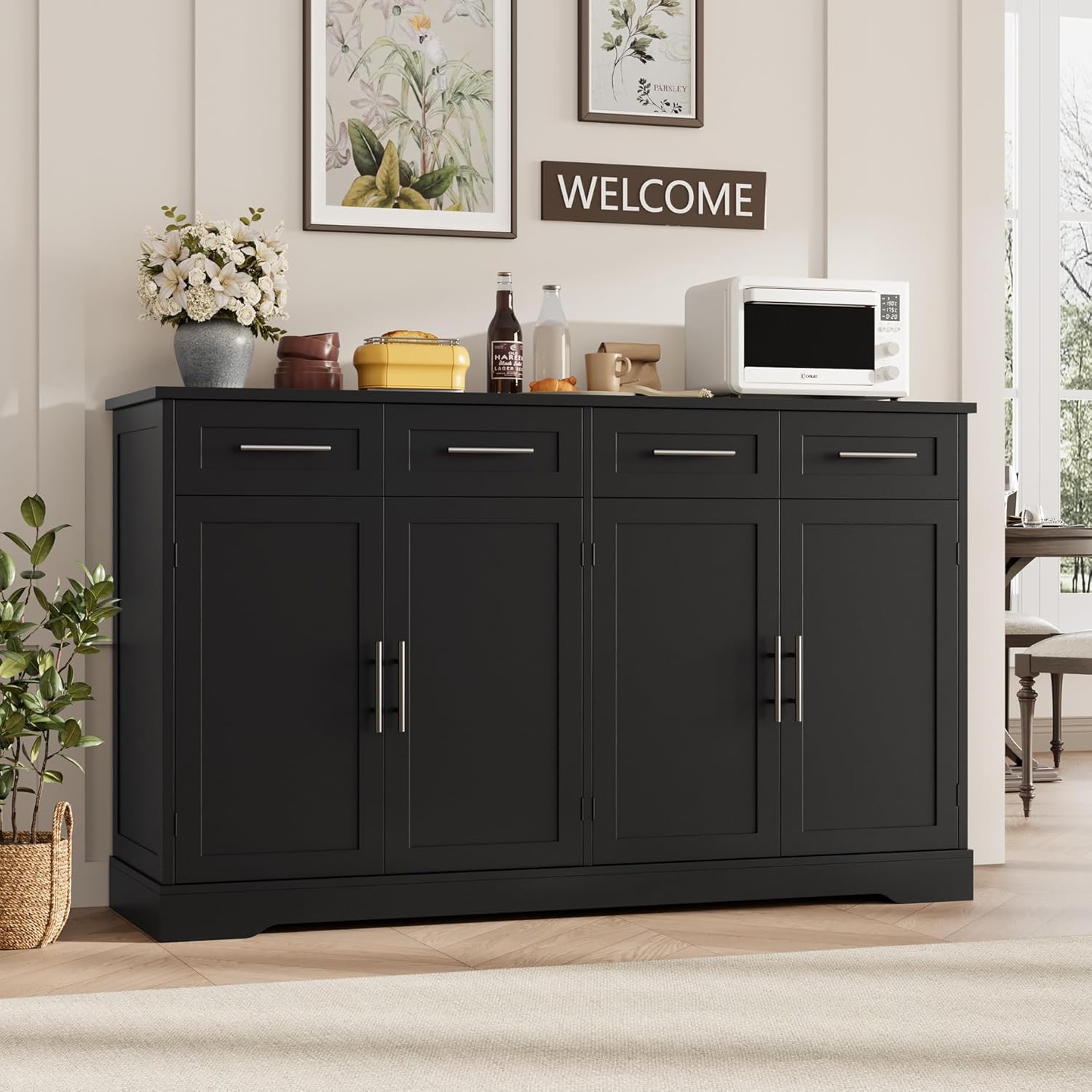 HOSTACK 60" Large Buffet Sideboard with Storage, 36" Tall Kitchen Buffet Storage Cabinet with 4 Drawer, Modern Coffee Bar Cabinet with Silver Handle, Long Sideboard Buffet Table for Living Room, Black