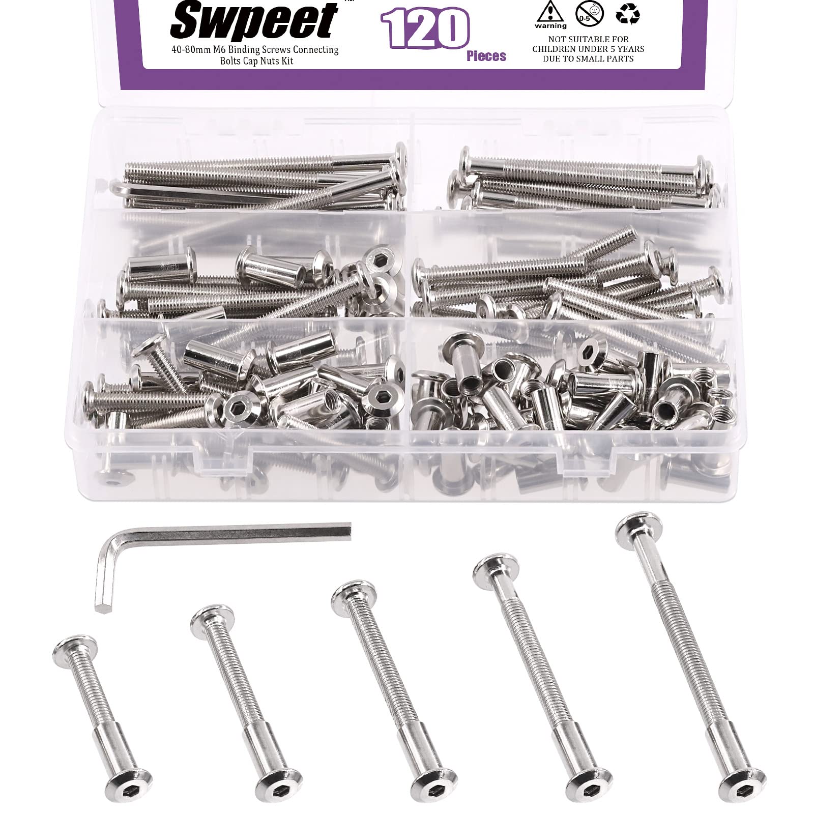 Swpeet 120Pcs M6x40mm/50mm/60mm/70mm/80mm Nickel Plated Sliver Hex Drive Socket Cap Bolts Barrel Nuts Kit with 1Pcs Hex Key, Screw Post Fit for