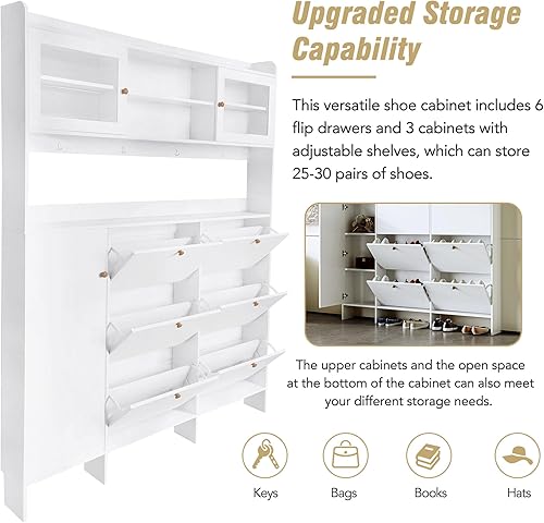 Vista 74 de Zapatero con 3 cajones abatibles para entrada, zapatero independiente con panel ajustable y ganchos para colgar, zapatero para pasillo, sala