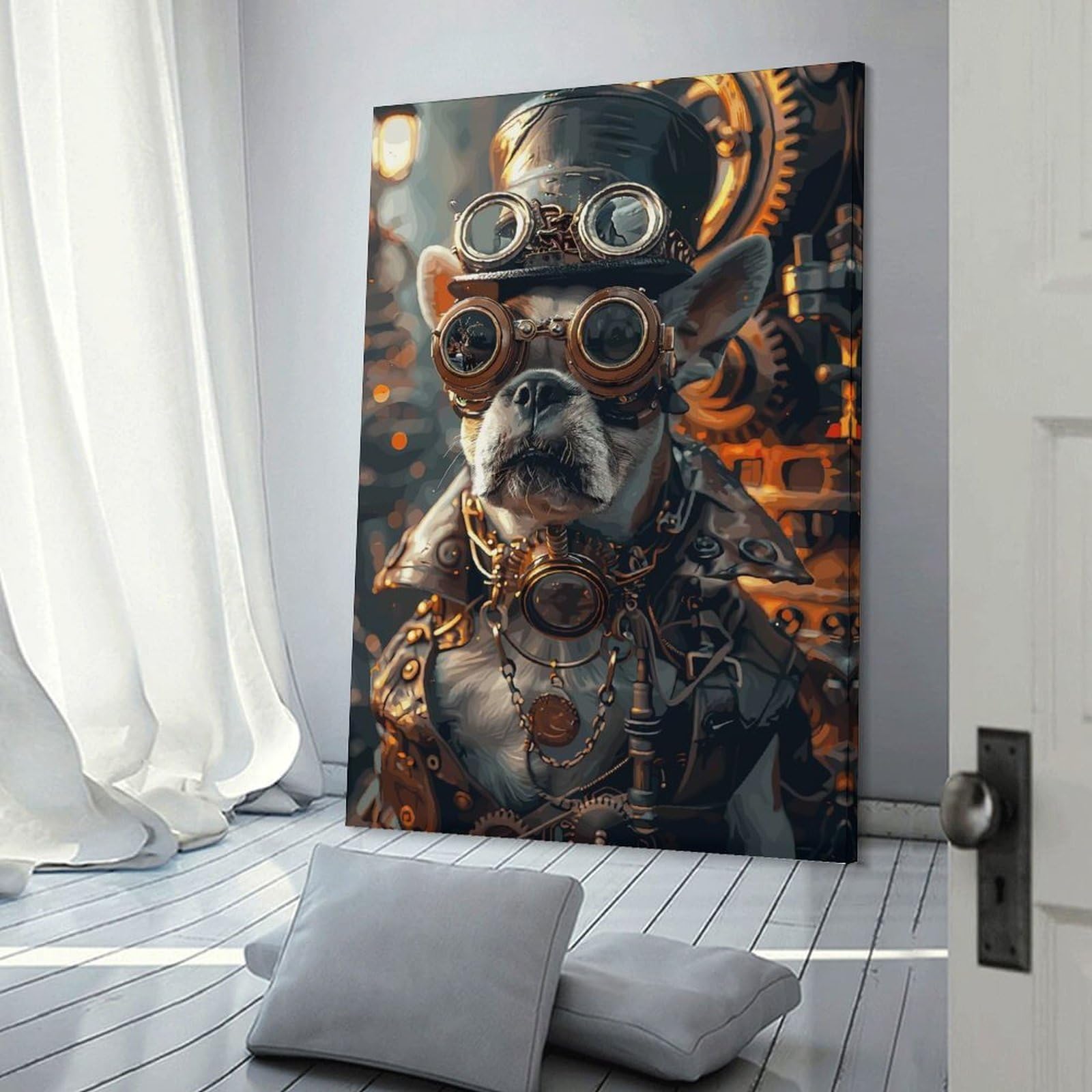 Junmoney Steampunk French Bulldog Canvas Wall Art, 24x36inch(60x90cm), for Living Room, Bedroom Or Apartment Walls, A Home Accent with Warm Character