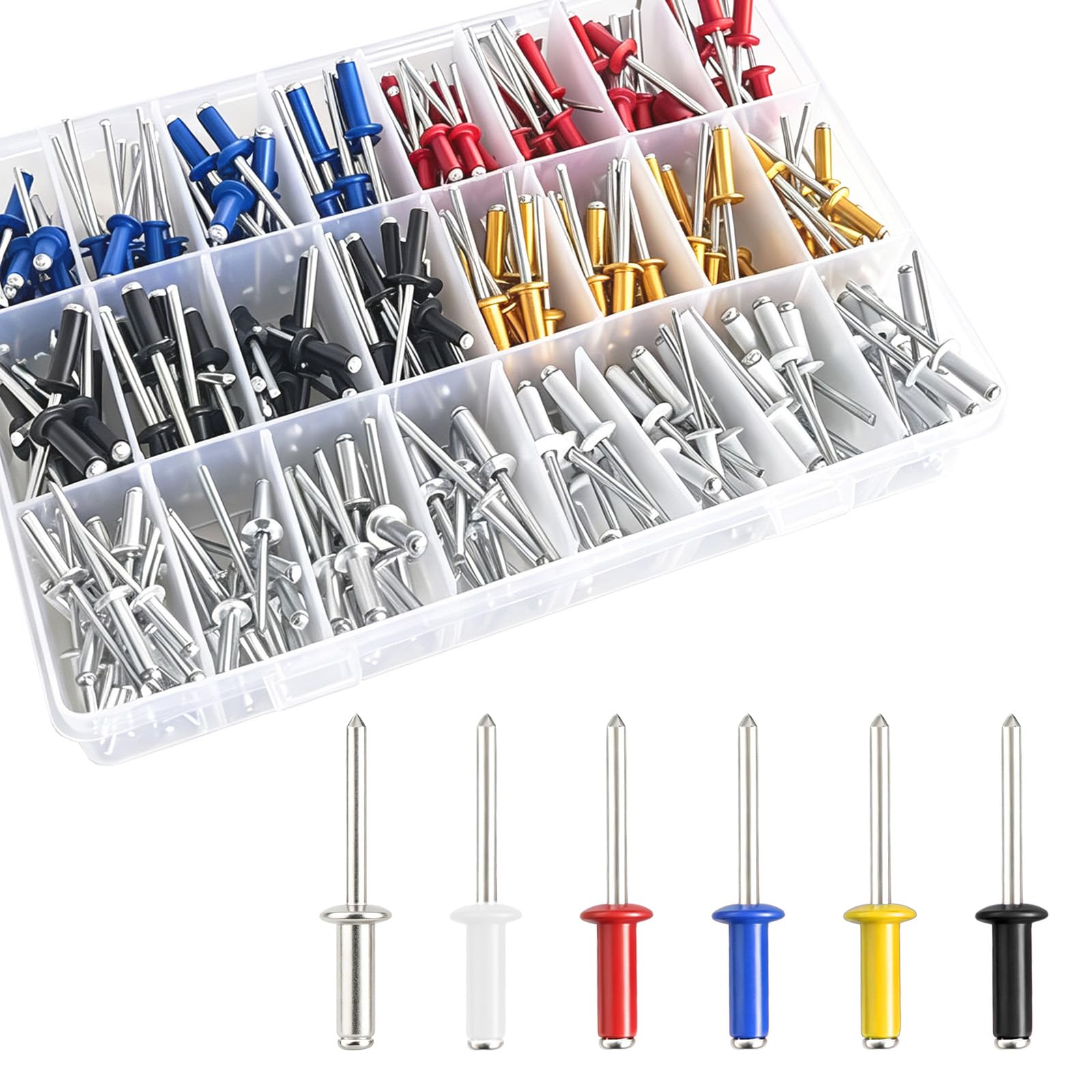 Wensilon(324Pcs) six colors blind pro Rivets Kit,Aluminum Grip and Steel Mandrel Set.Red, Blue, White, Black, Golden, Aluminum.