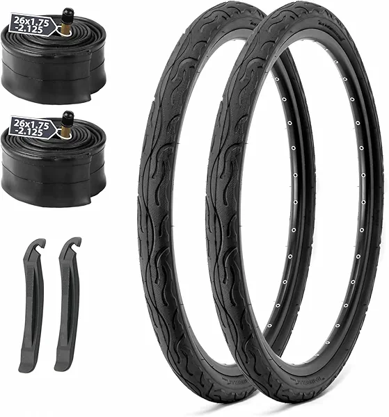 MOHEGIA Bike Tires Replacement Set: 2-Pack 26x2.125 inch (57-559mm) Folding Bicycle Tires and Pair 26 inch Inner Tubes with Tire Levers for Hybrid Road or Urban City Commuter Bike