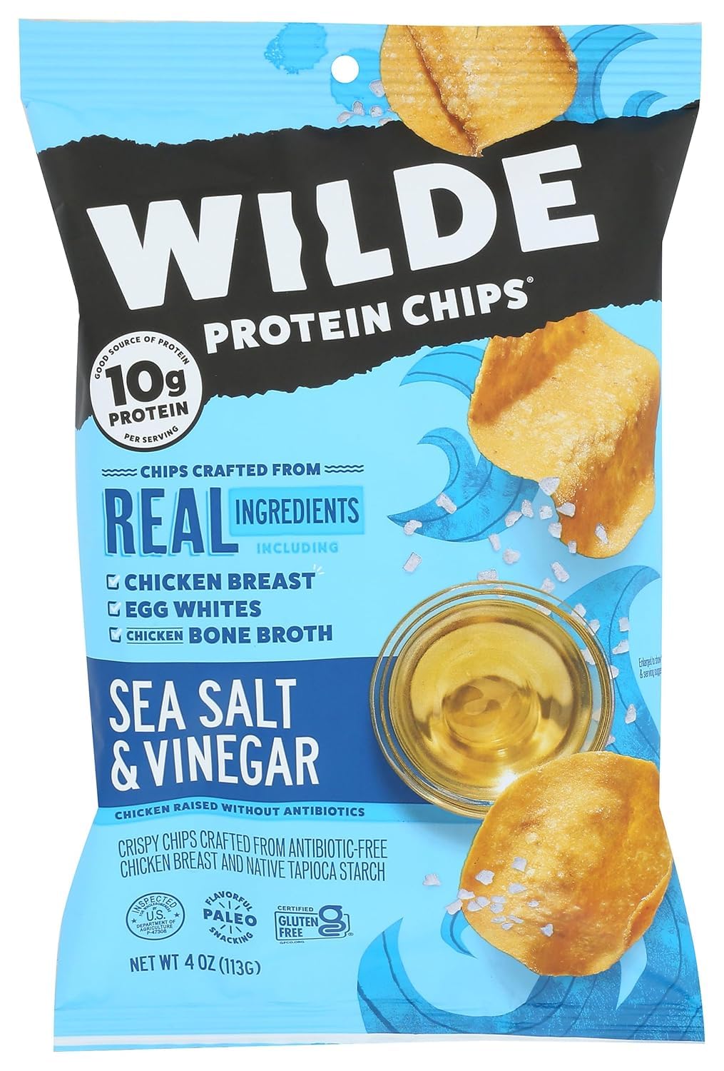 Wilde Protein Chips, Sea Salt & Vinegar, 10g Protein per Serving, Real Ingredients, 100% Natural, Paleo, Gluten Free, 4 Ounce (Pack of 12)