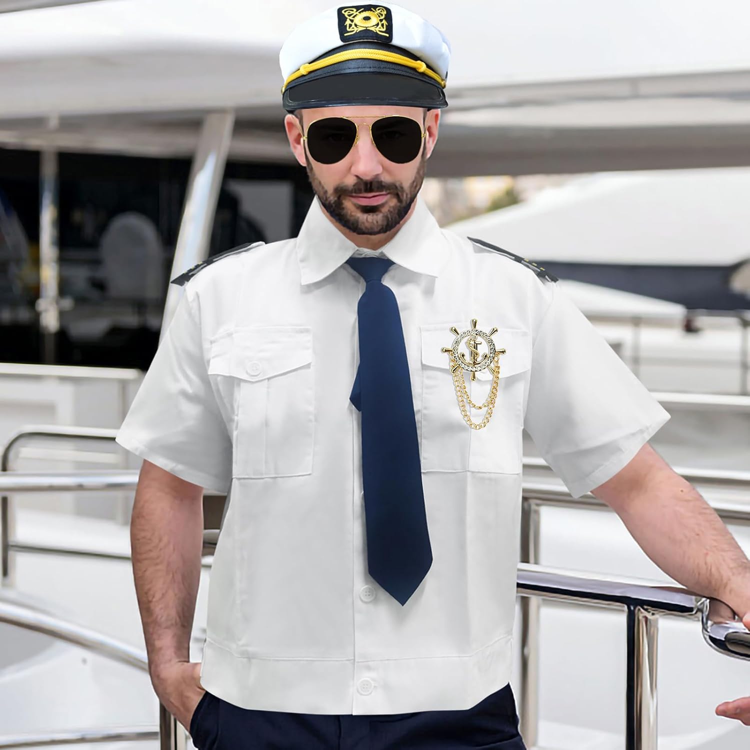 7 Pcs Yacht Captain Sailor Costume for Men Women,Yacht Accessories Set Captain Shirt Hat,Halloween Costumes for Men - Image 2