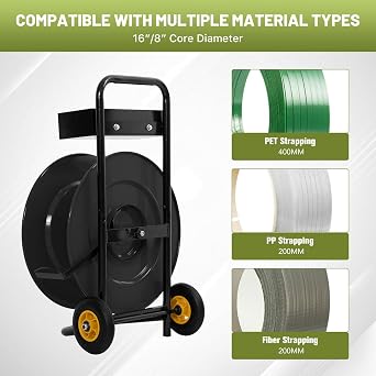 Heavy Duty 16 Core Size Strapping Cart Dispenser with Wheels, Portable Coil Banding Dispenser with Built-in Tray, Strapping Trolley for Poly (PP)/Plastic Steel/Fibre Packaging, Black