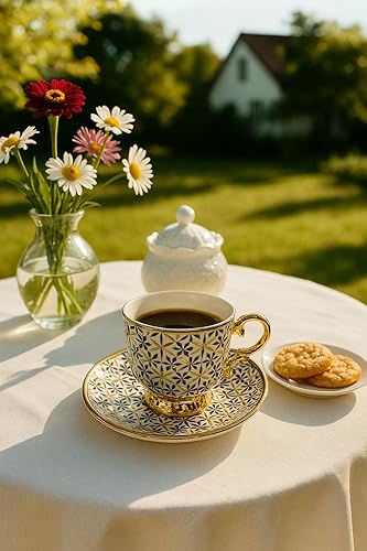 Miniatura 3 de Tazas de café expreso con platillos, juego de 6 (2.4 onzas), juego de tazas de café turco de porcelana con diseño de ribete dorado y caja de regalo,