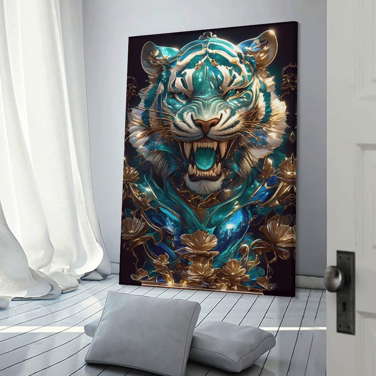 Junmoney Hanging Wall Art Ornate Teal And Gold Tiger Portrait, 24x36inch(60x90cm), for Living Room, Bedroom Or Apartment Walls, Decorative Artwork for Empty Walls