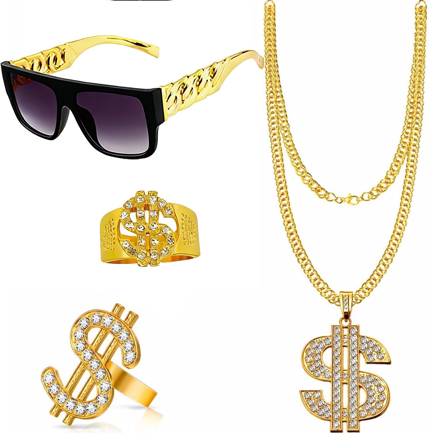80s 90s Hip Hop Costume Jewelry Accessories for Men, Old School Rapper Costume Kit with Sunglasses, Faux Gold Double Layer Dollar Sign Chain and 2 Pcs Dollar Rings, Pimp Fancy Dress Props for Halloween Theme Party