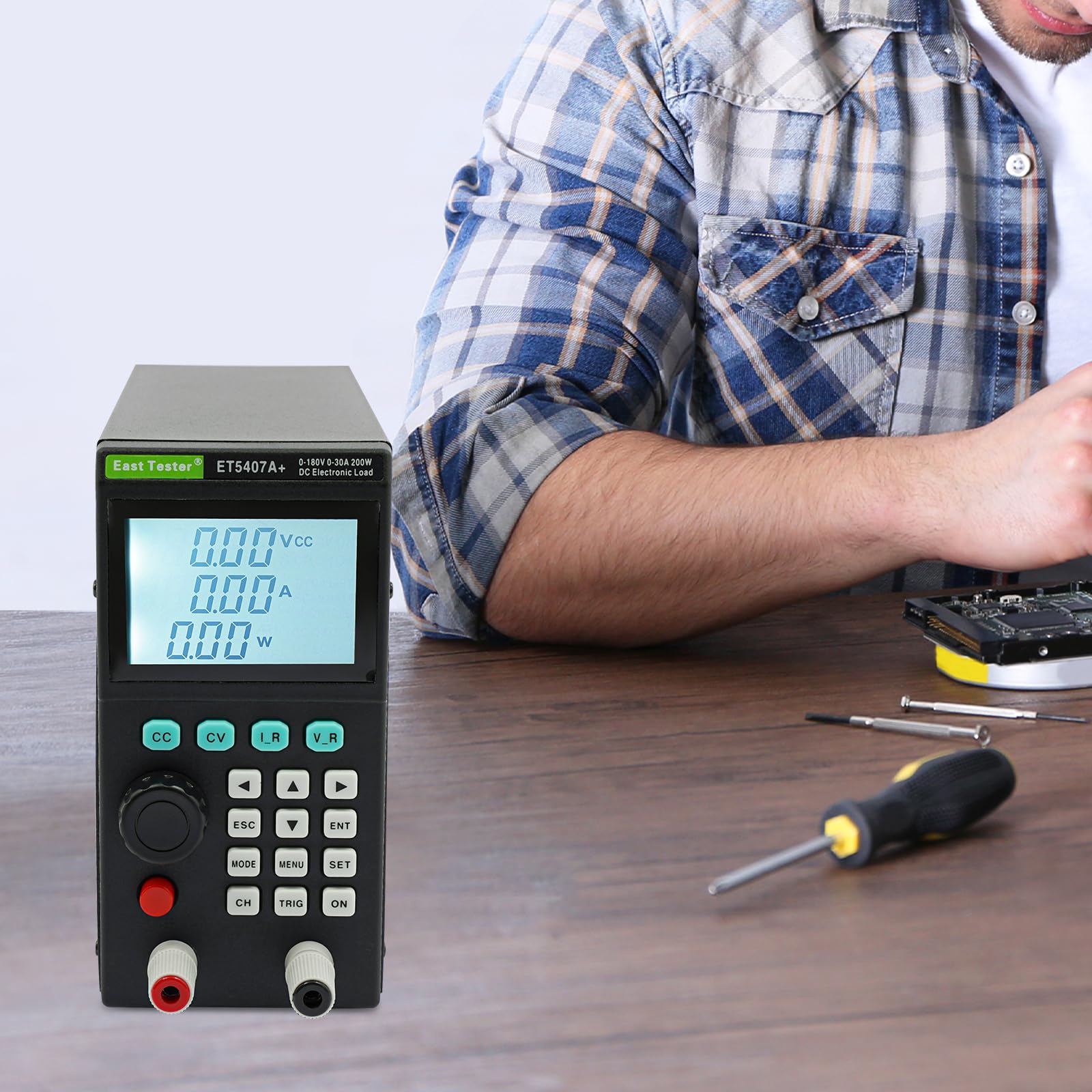 Tester elettronico di carico da 200 W, 0-180 V/0-30 A/9 modalità di prova, CC, CV, CR e CP, misuratore di resistenza della capacità della batteria, tester digitale con display LCD