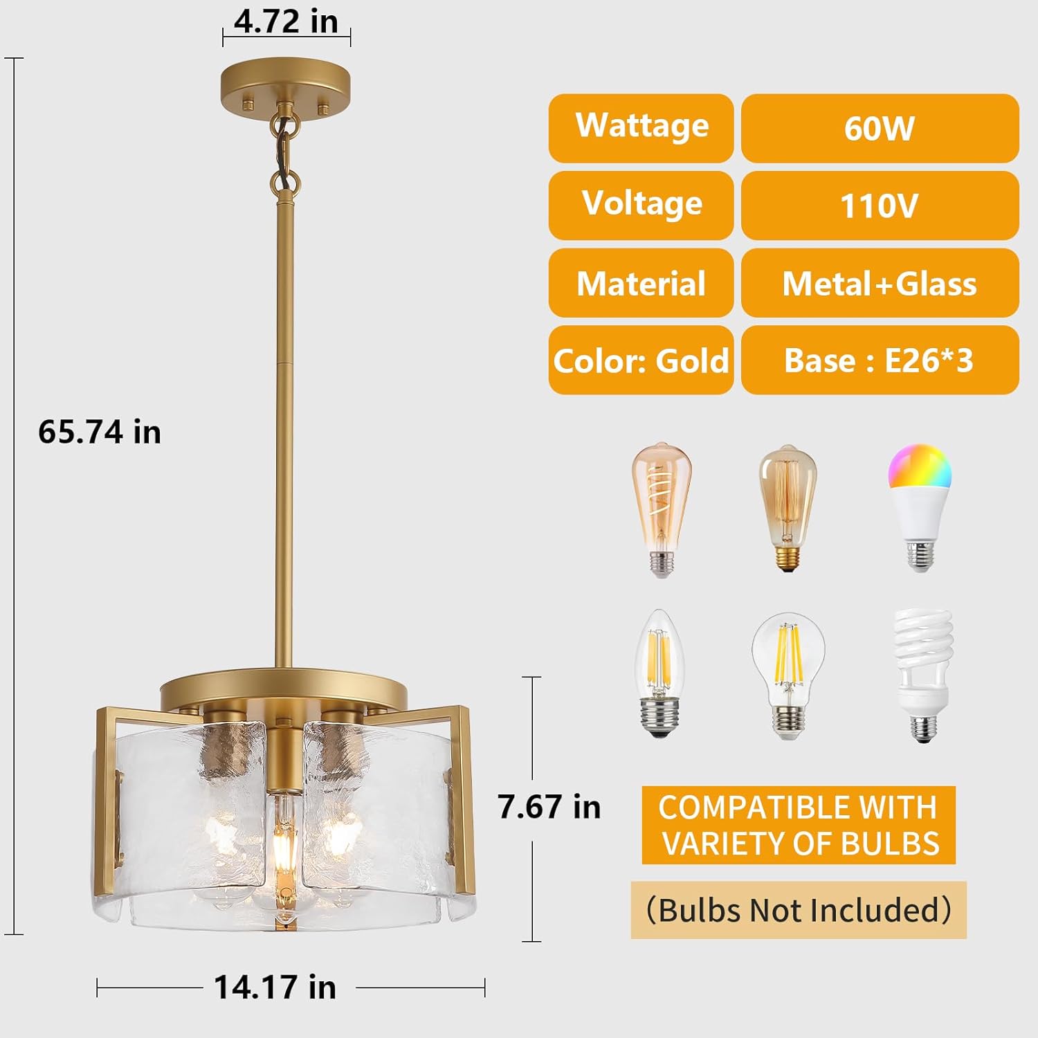 Glass Drum Chandelier for Dining Room, 3-Light Gold Modern Chandelier Farmhouse Lights Kitchen Lighting Fixtures Over Table for Foyer Entryway Hallway Laundry Room Bedroom Bathroom