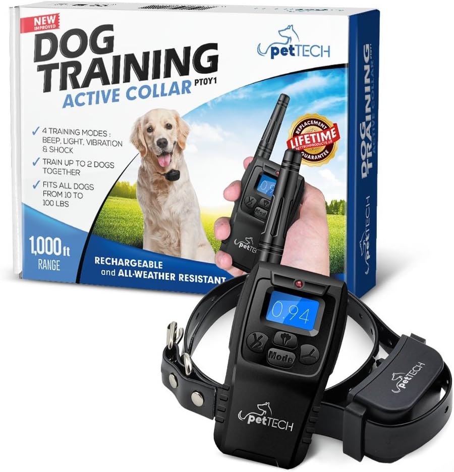 PetTech PT0Y1 Dog Training Shock Collar, Rechargeable and Weather Resistant, 1000 ft Range