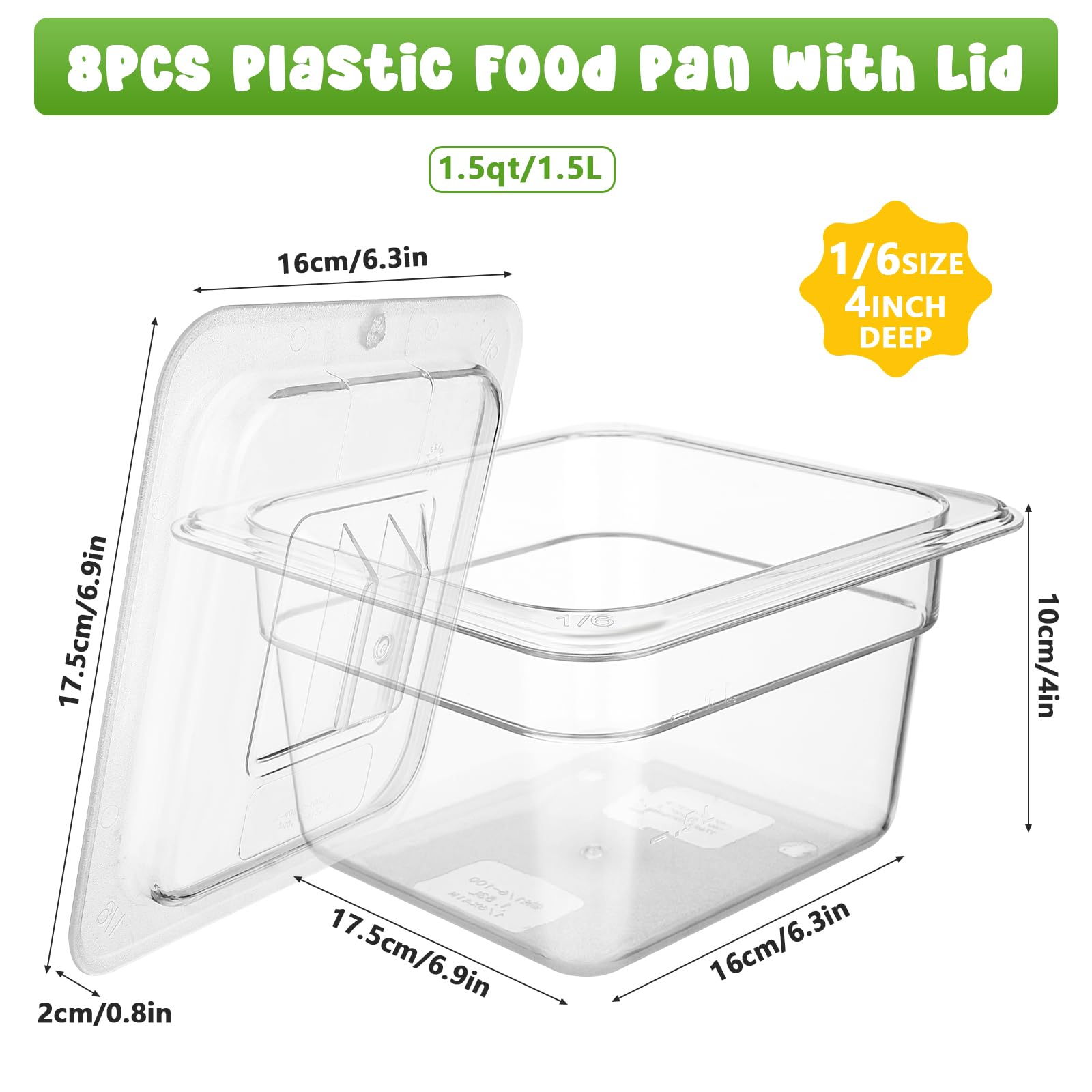 8 Set 1/6 Größe transparente Frischhaltedosen Bulk 10,2 cm tief Restaurant Kunststoff klare Lebensmittelpfannen mit Deckel Polycarbonat kommerzielle Hotelpfanne stapelbare Behälter für Obst, Gemüse