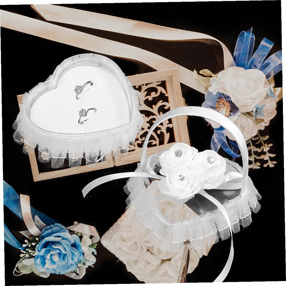 FUOYLOO Wedding Ring Pillow Set 2pcs Heart-Shaped Lace Flower Decoration with Rhinestones White Ring Bearer Cushion for Wedding Ceremony Party